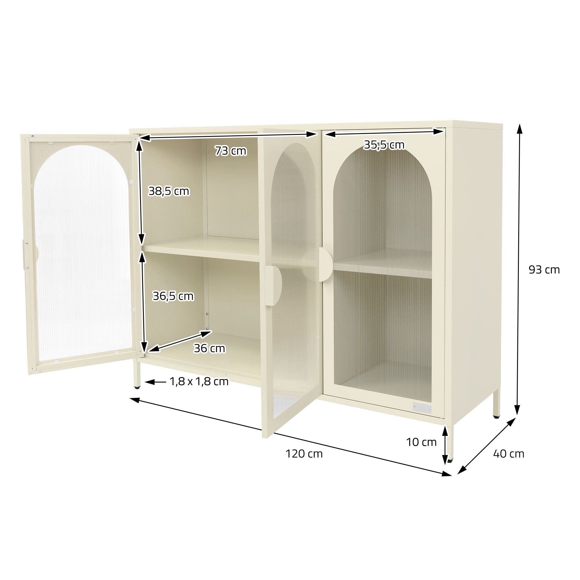 Armoire beige avec deux portes, dimensions intérieures et extérieures indiquées.