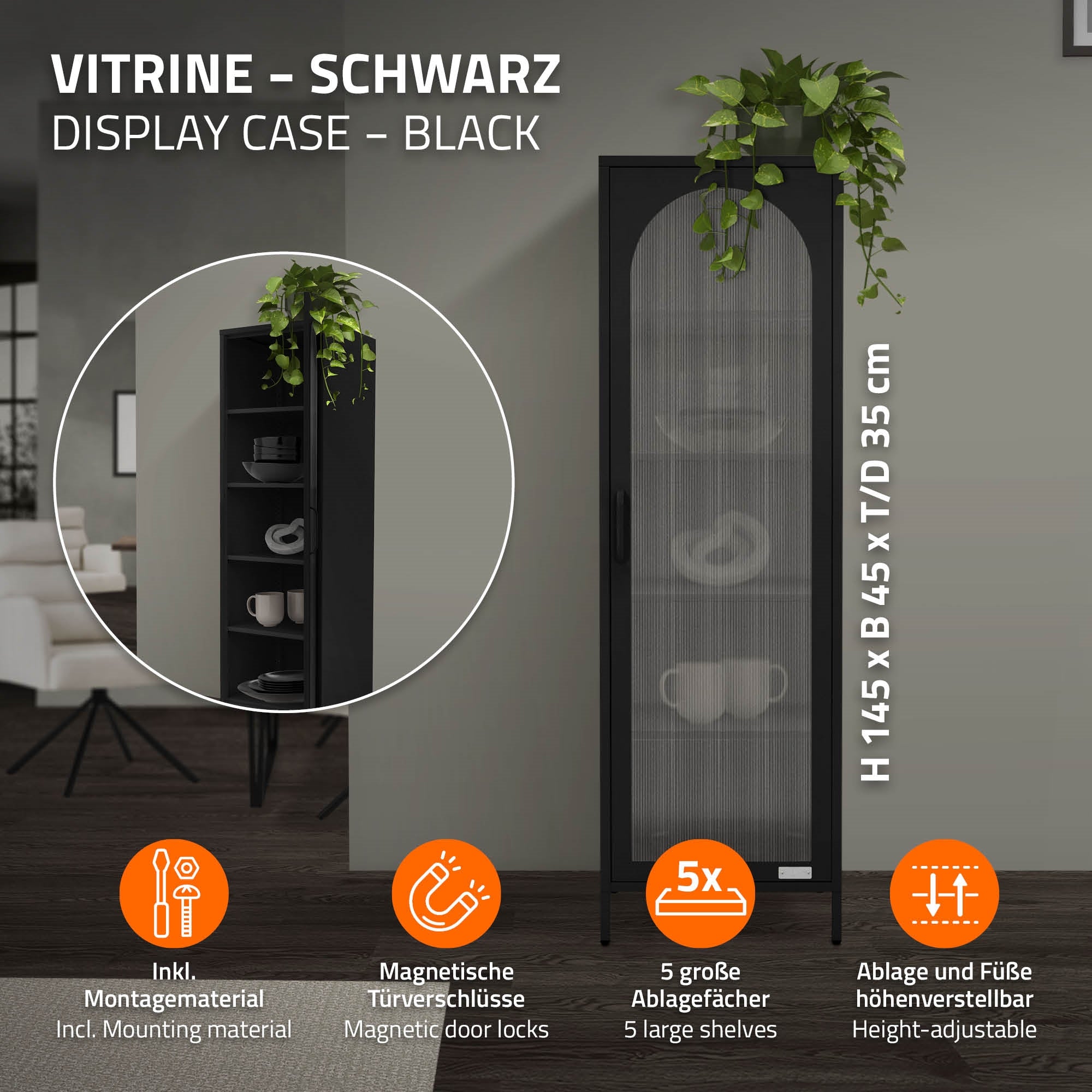 Schwarze Vitrine mit fünf Regalen und Pflanzen auf der Oberseite.