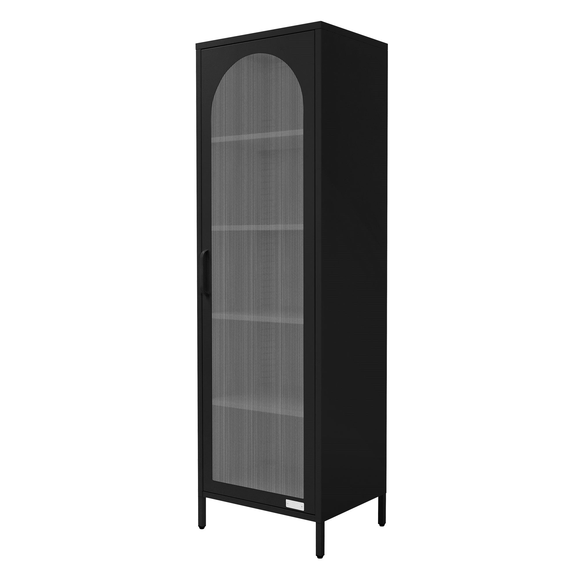 Schwarzer Schrank mit Glastür und mehreren Regalen.