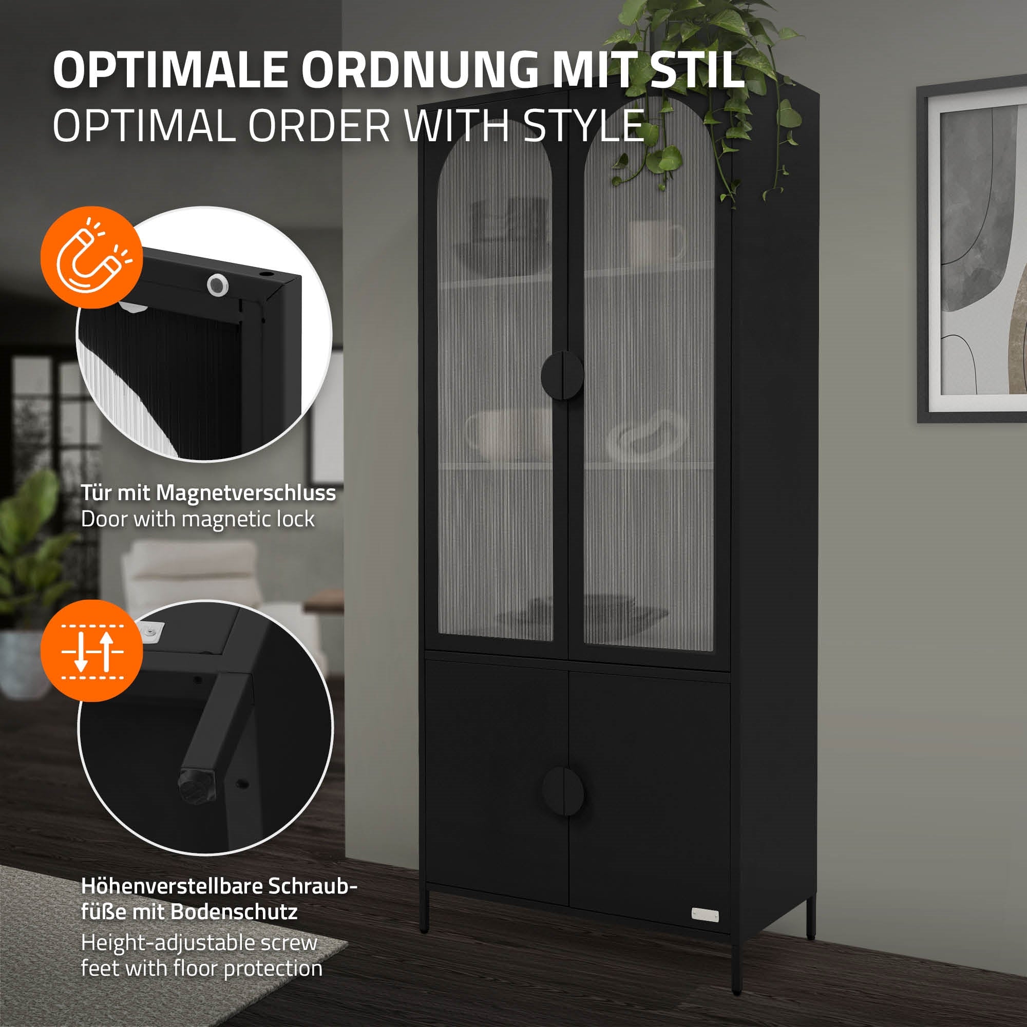 Schwarzer Schrank mit Glastüren und Pflanzen, im modernen Raum.