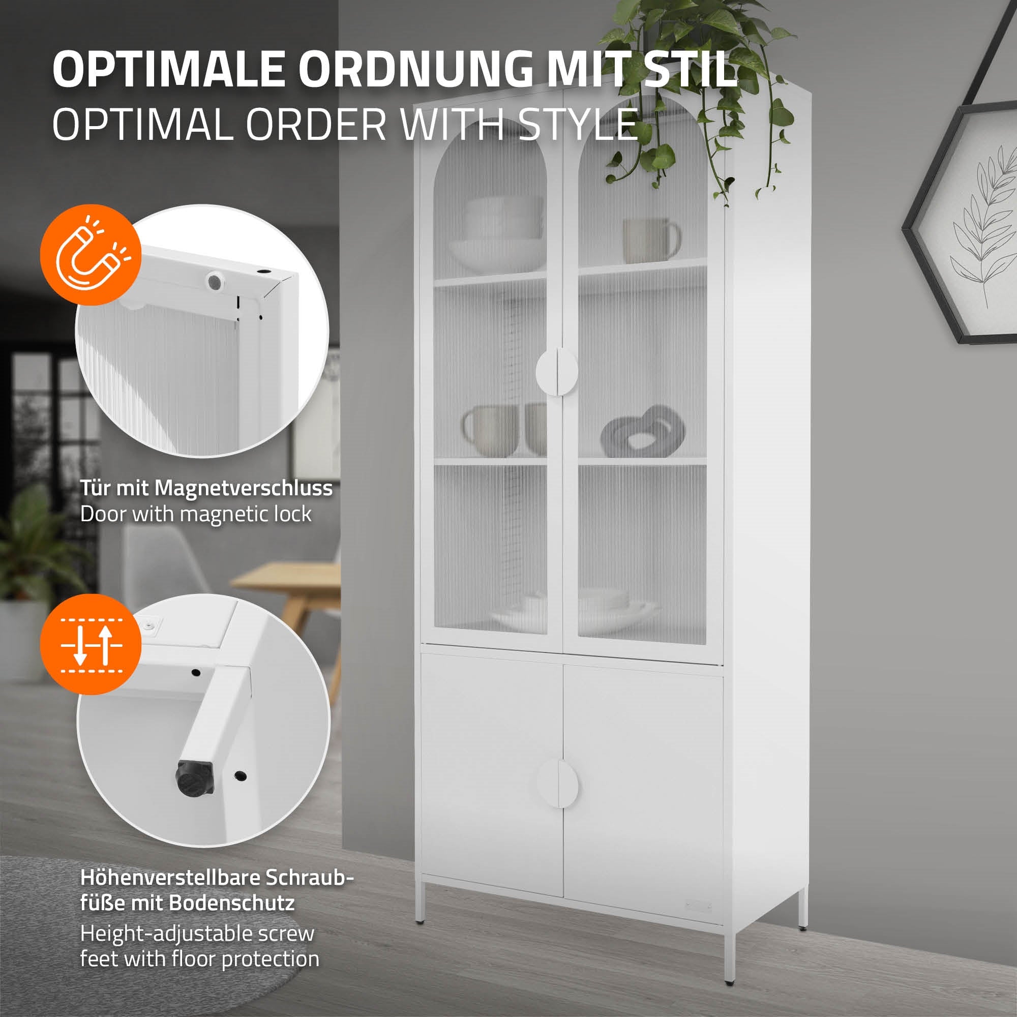Graphique d'une vitrine blanche avec une porte et des pieds réglables en hauteur.