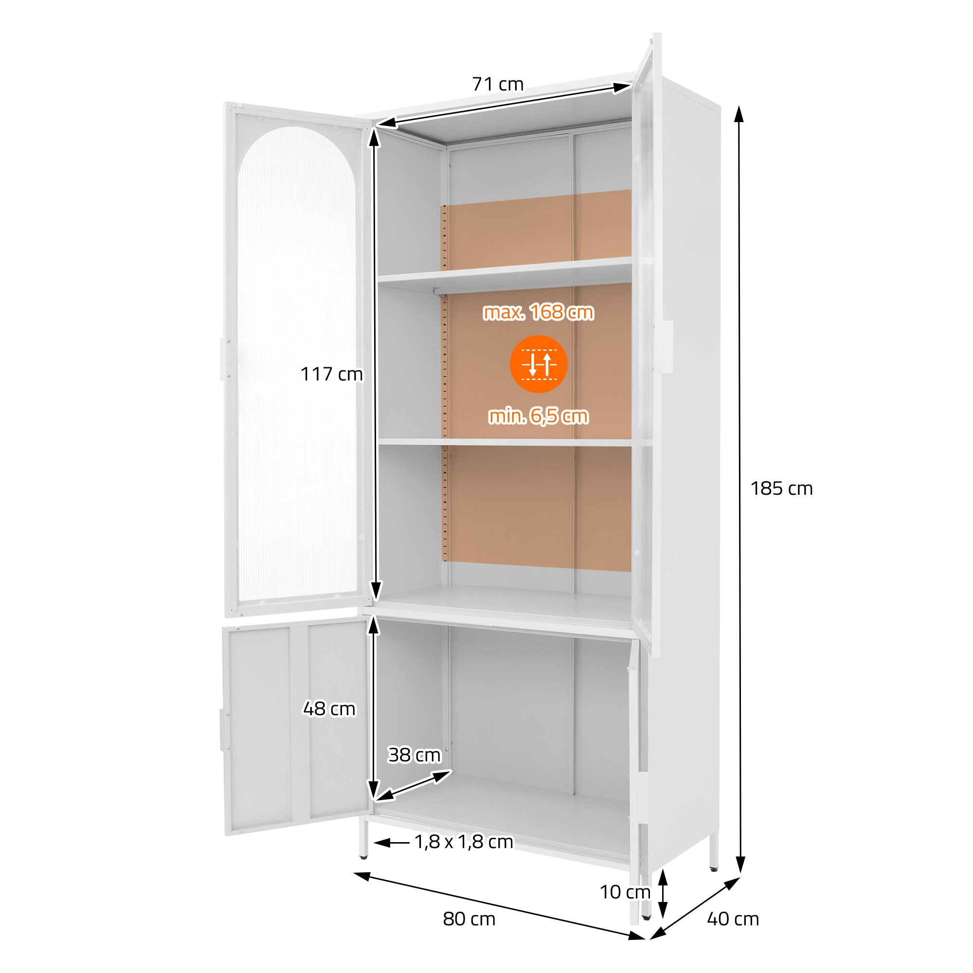 Graphique d'une armoire blanche avec dimensions et étagères.