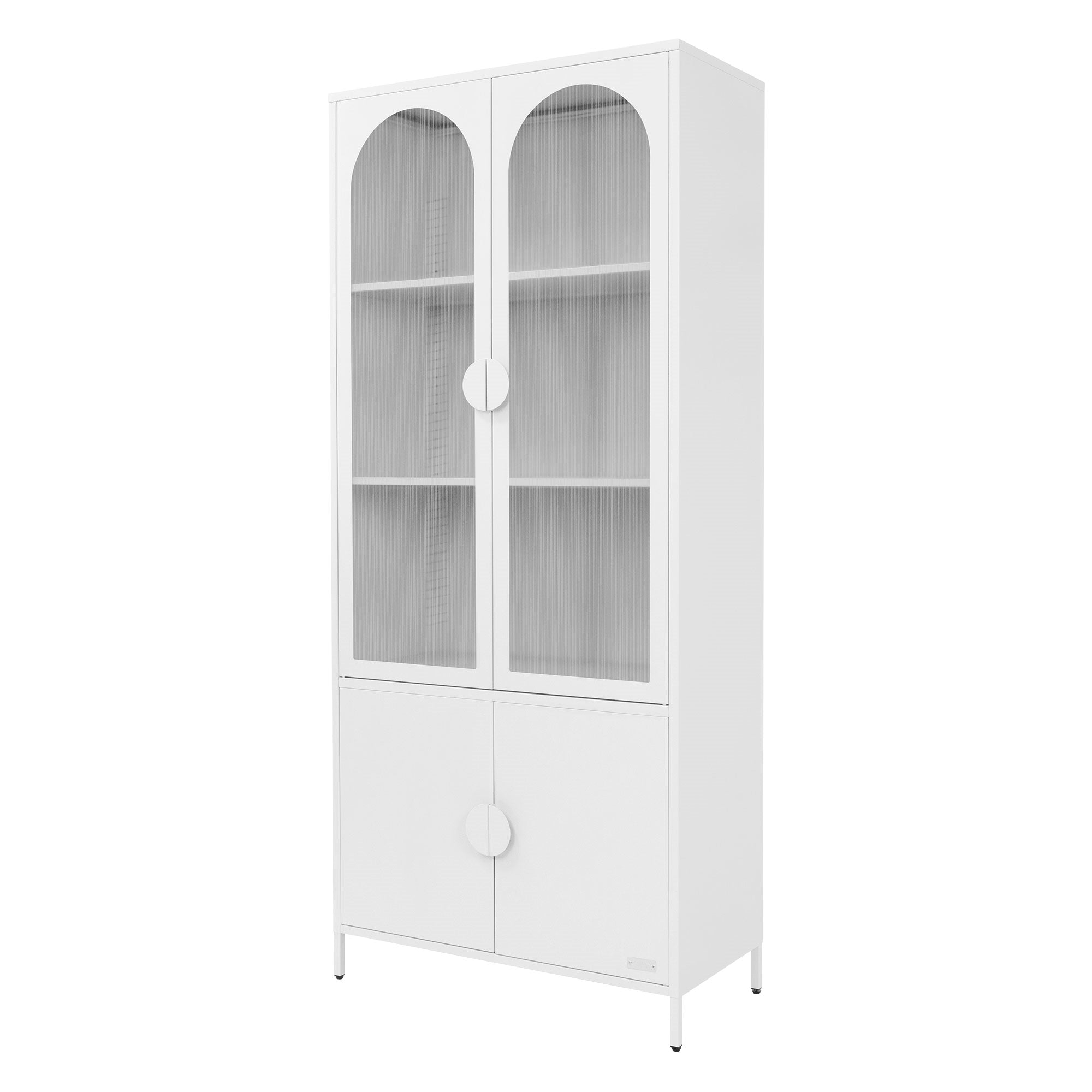 Weißer Schrank mit Glastüren und mehreren Regalen.