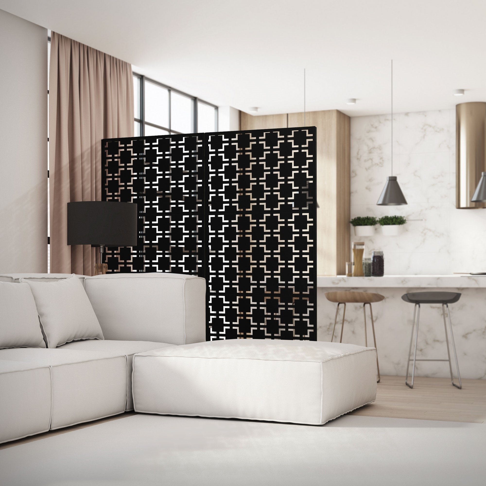 Living space with a black room divider and a light couch.