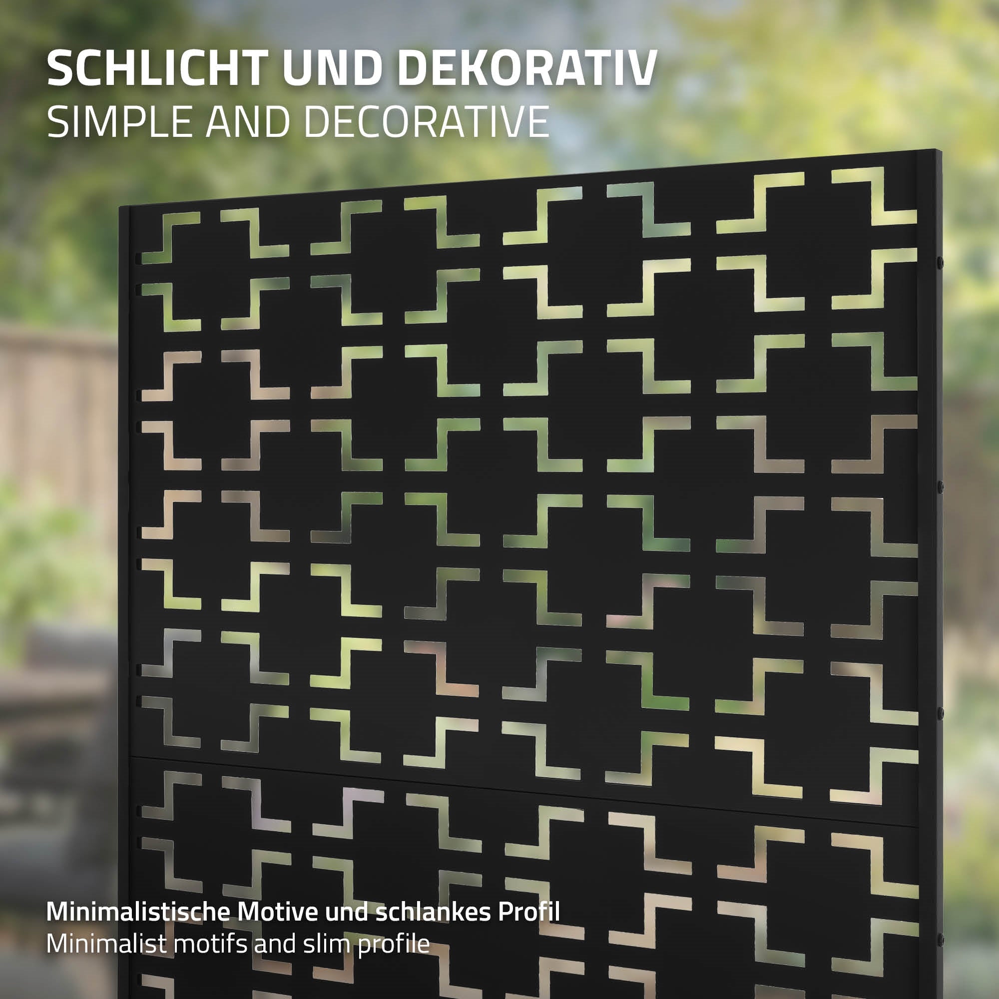 Black partition with geometric pattern in the garden.