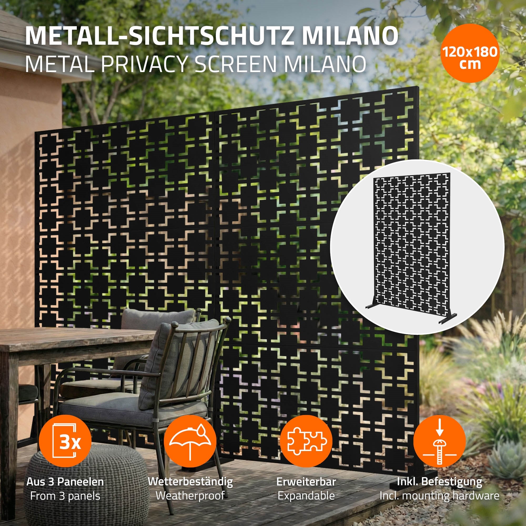 Metal skærmvæg Milano, bestående af tre paneler, på en lys baggrund.