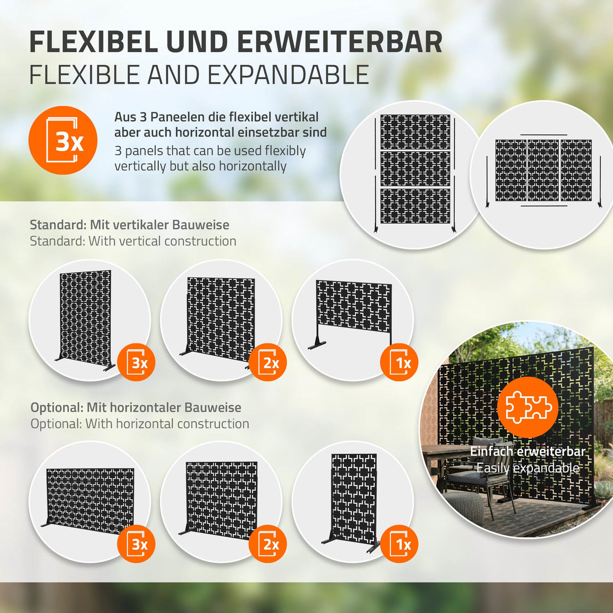 Tre paneler til fleksibel rumopdeling i et andet design.