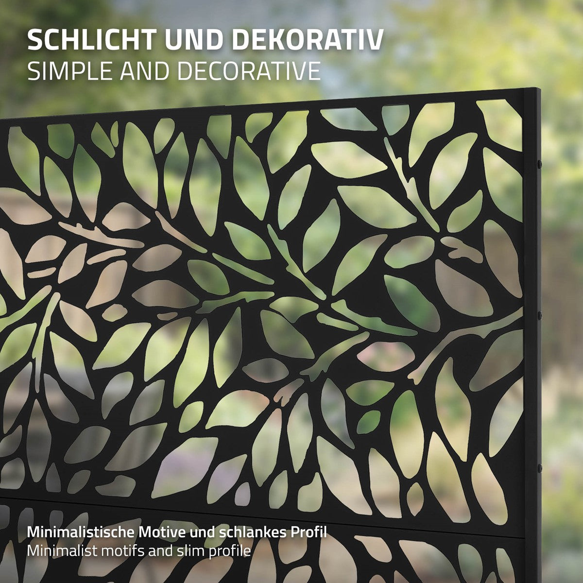 Ein dekoratives Metallpaneel mit einem Blattmuster, beschriftet mit 'Schlicht und dekorativ'.