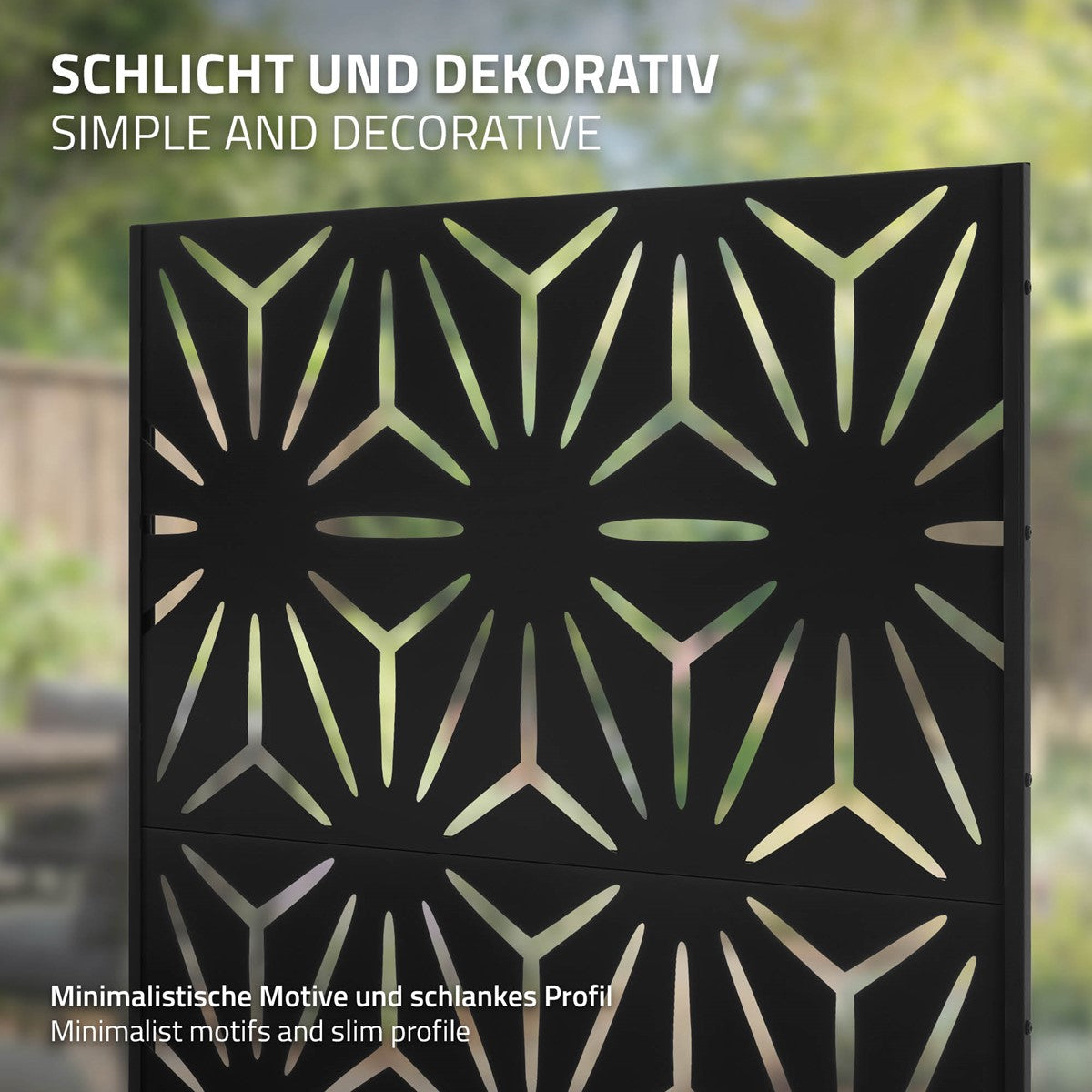 Nahaufnahme eines dekorativen Metall-Sichtschutzes mit minimalistischen Motiven.