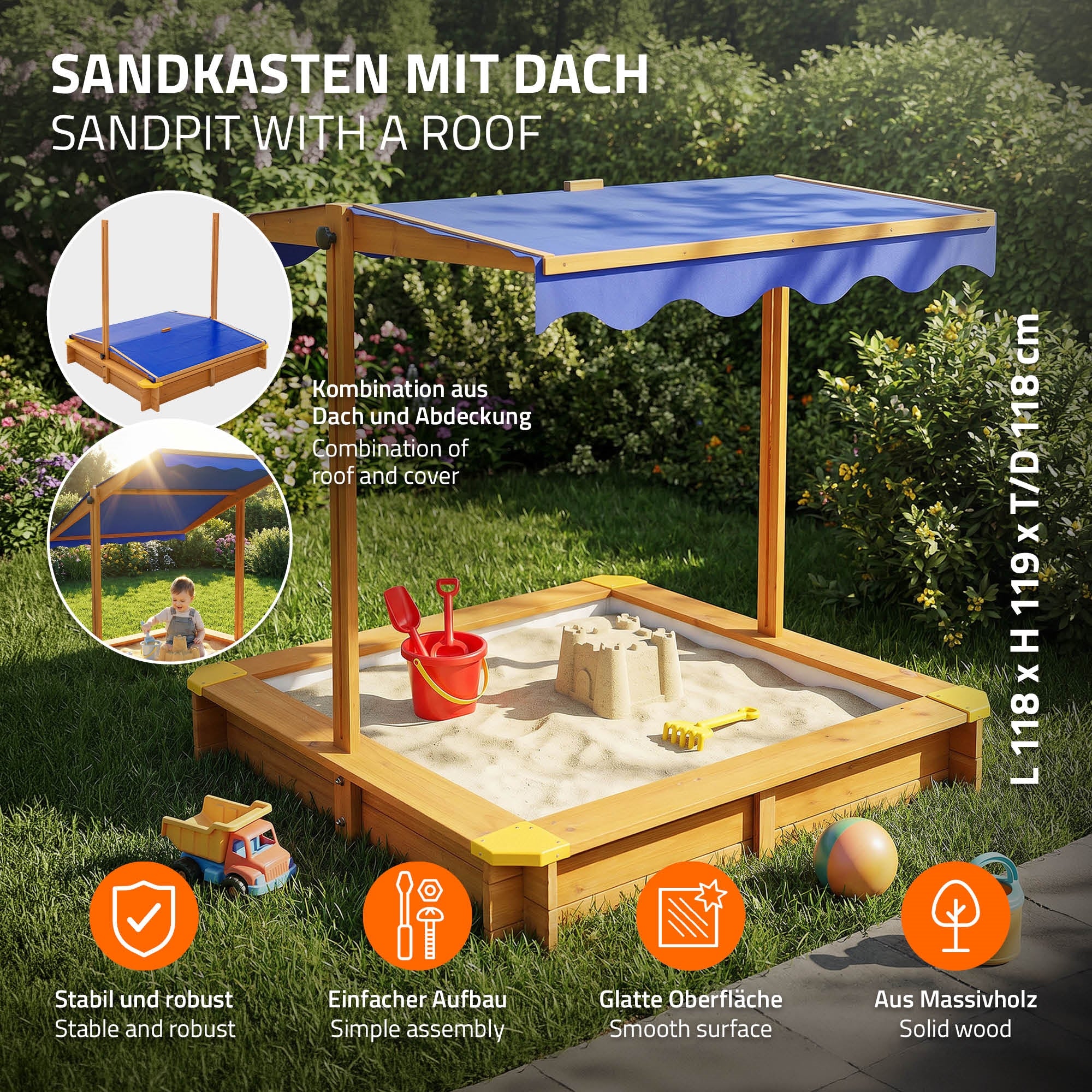 Sandkasten mit Dach, Maße 118x119x93 cm, stabil und robust.