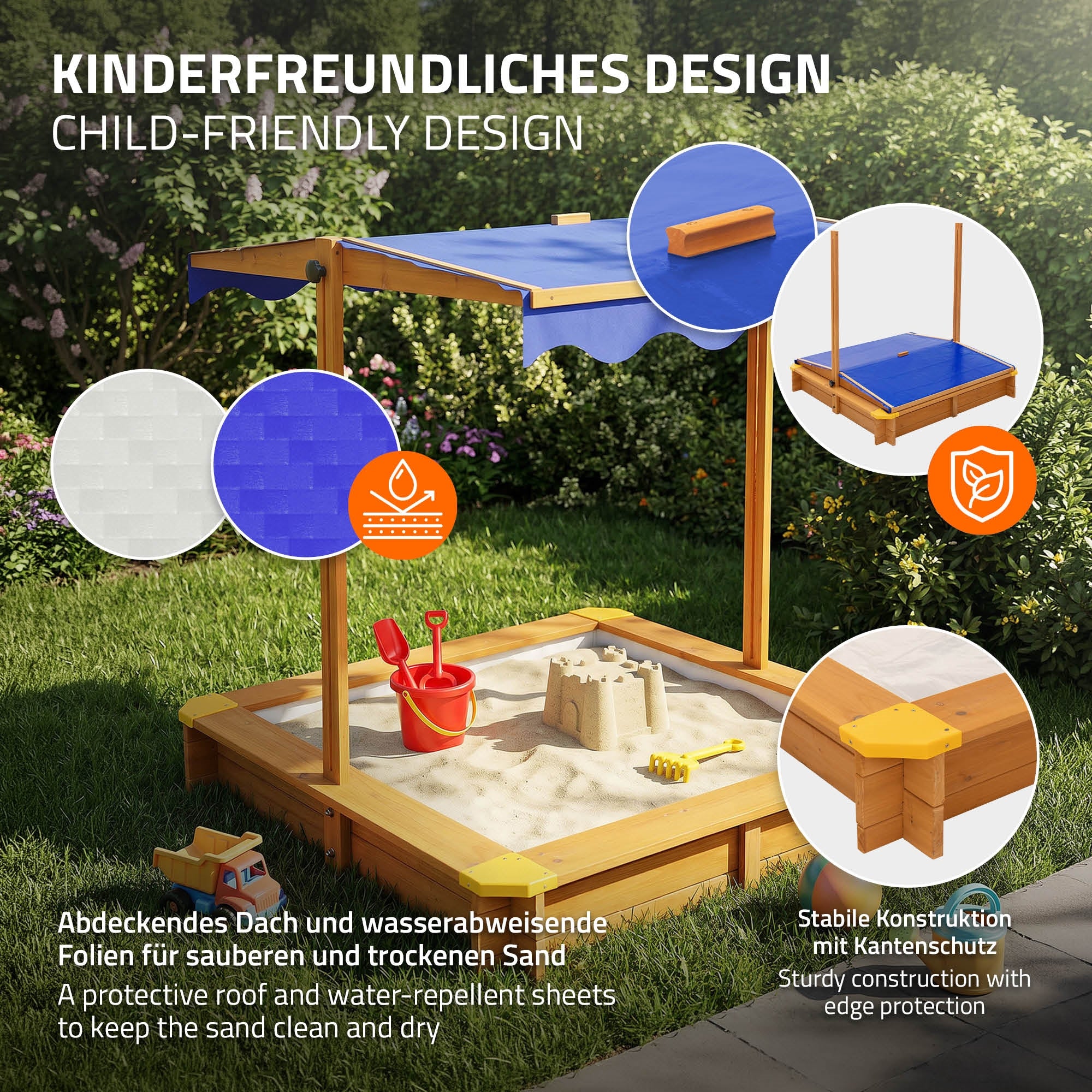 Ein Sandkasten mit schützender Abdeckung und Spielzeug im Sand.