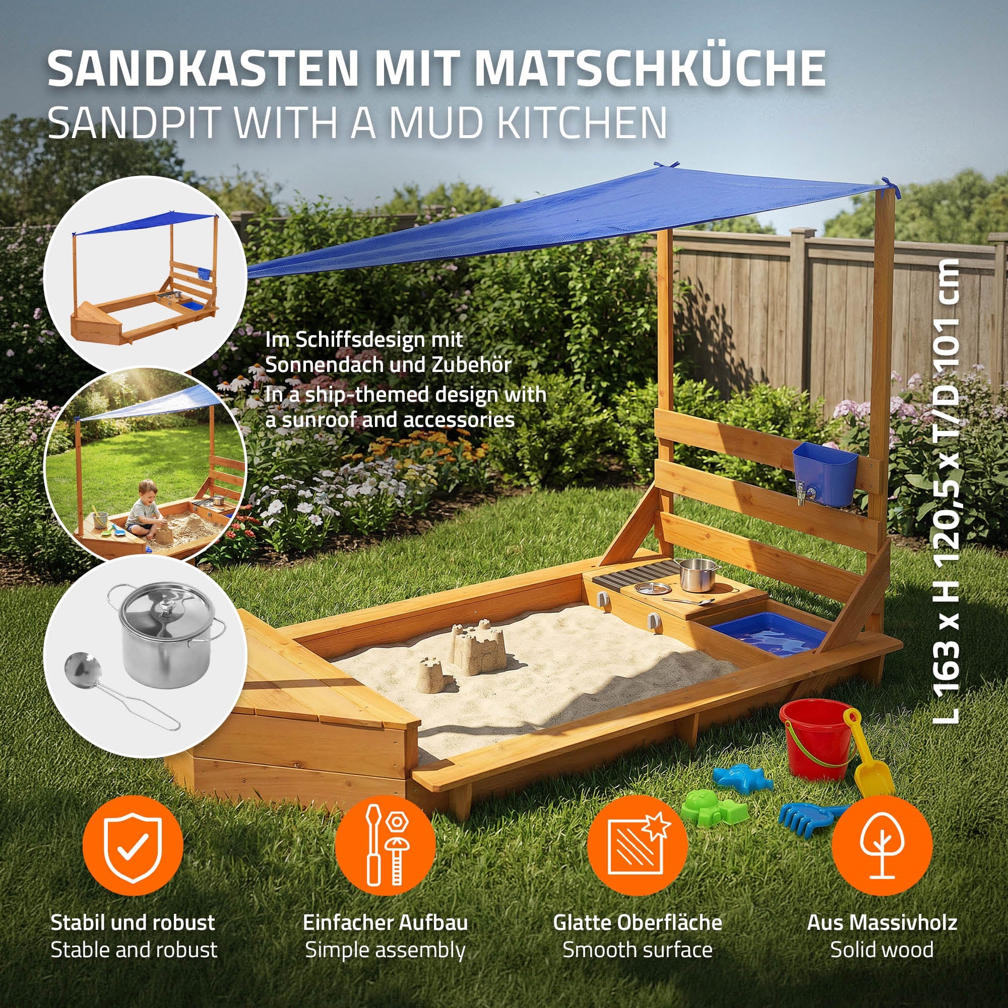 Sandkasten mit Sonnendach und Zubehör im Freien.