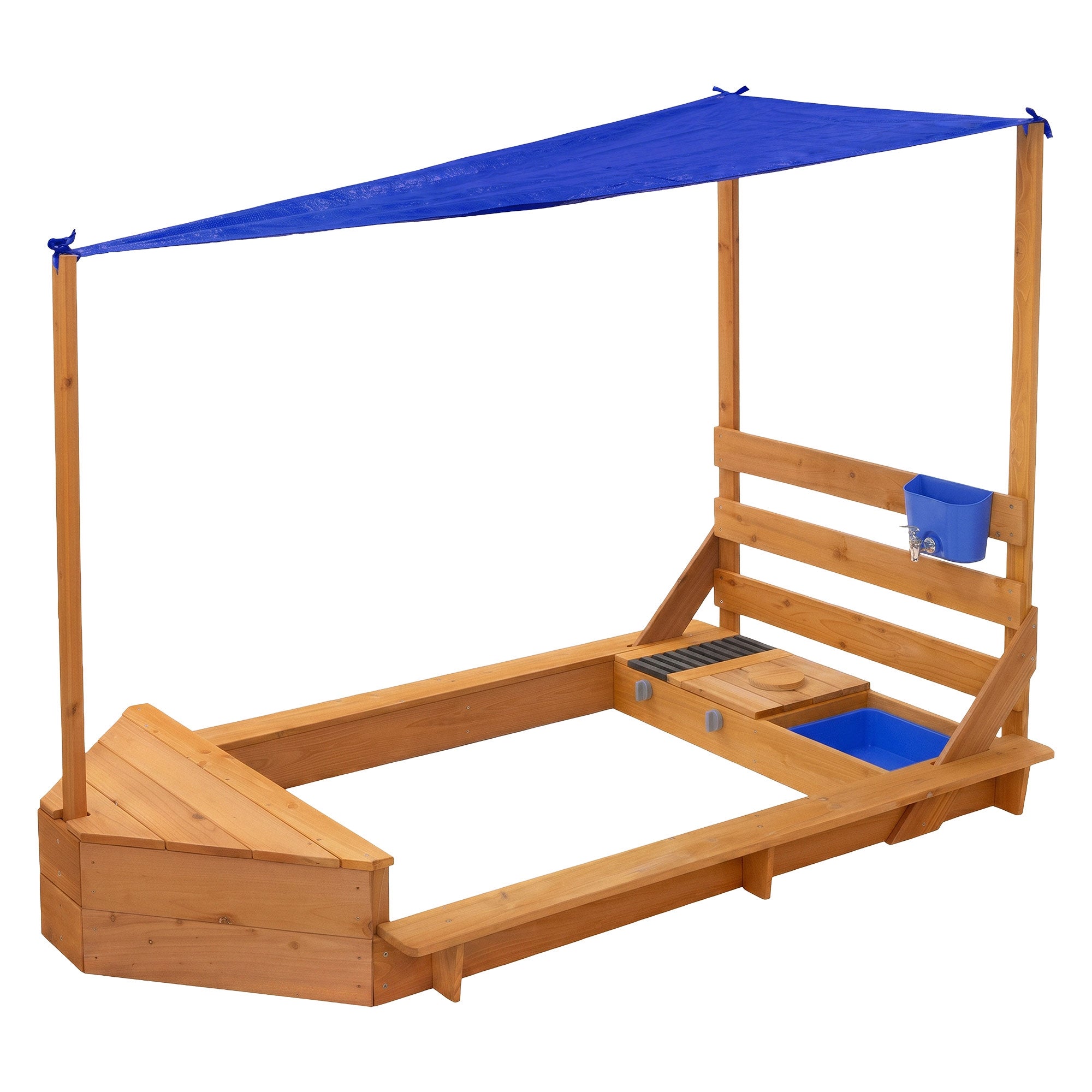 Holz-Sandkasten mit blauer Abdeckung und Spielzeugablage.