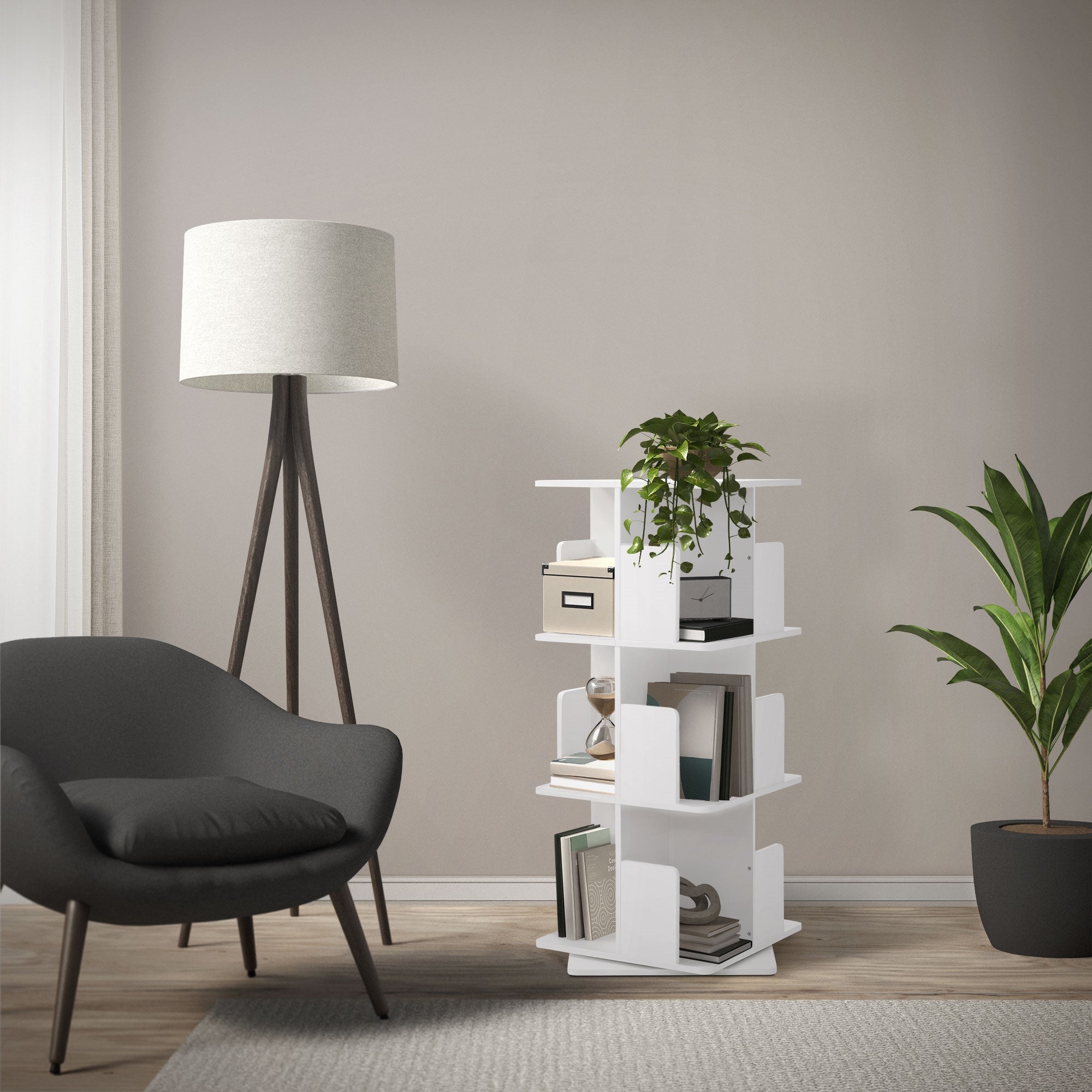 Scaffale bianco con piante e decorazioni in un ambiente moderno.