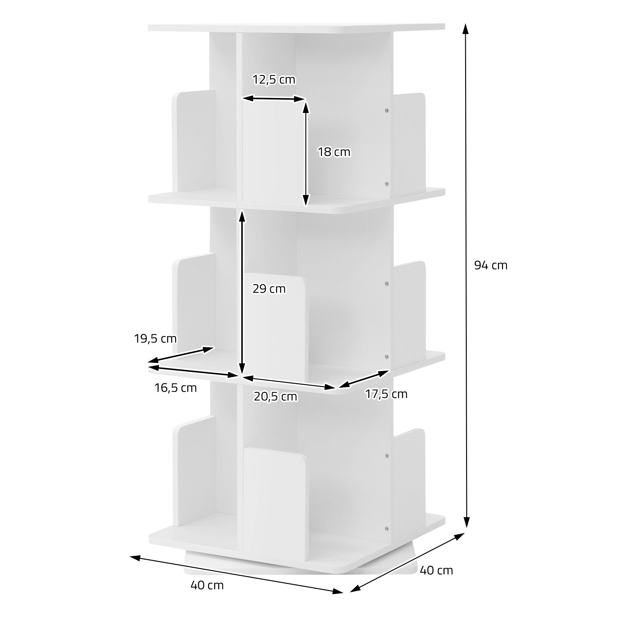 Disegno tecnico di uno scaffale bianco con dimensioni in centimetri.
