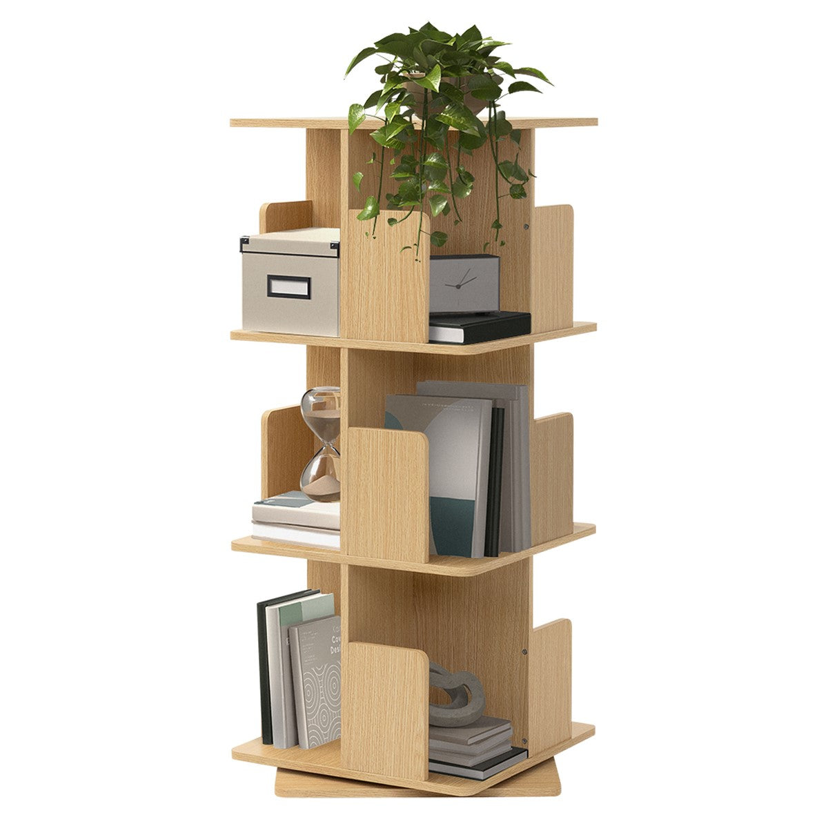 Holzregal mit Pflanzen und Büchern auf mehreren Ebenen.