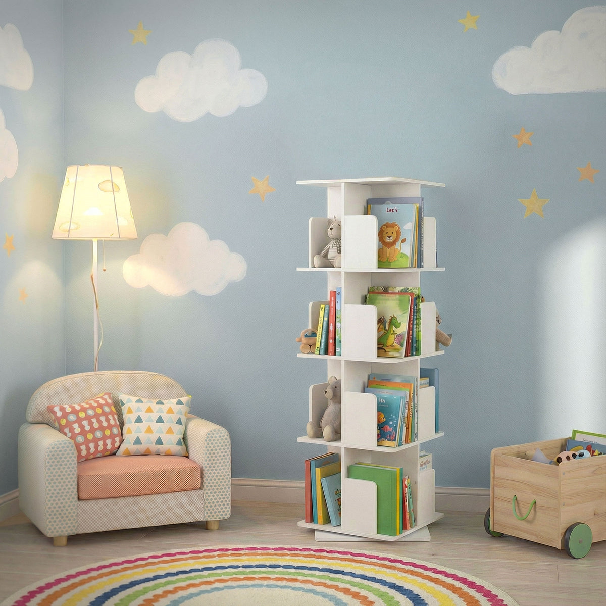 Bücherregal in einem Kinderzimmer mit Bücher, Spielzeug und Teppich.