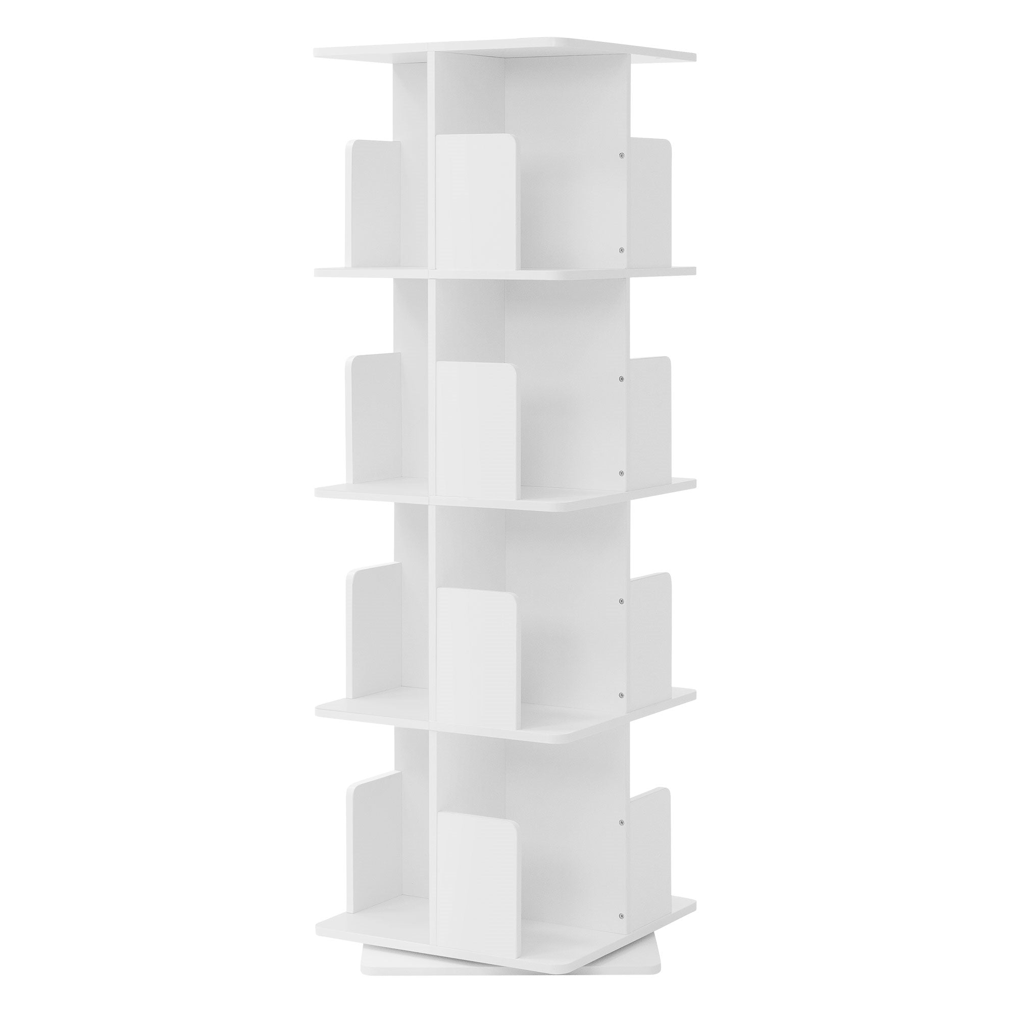 Uno scaffale bianco indipendente con diversi scomparti.