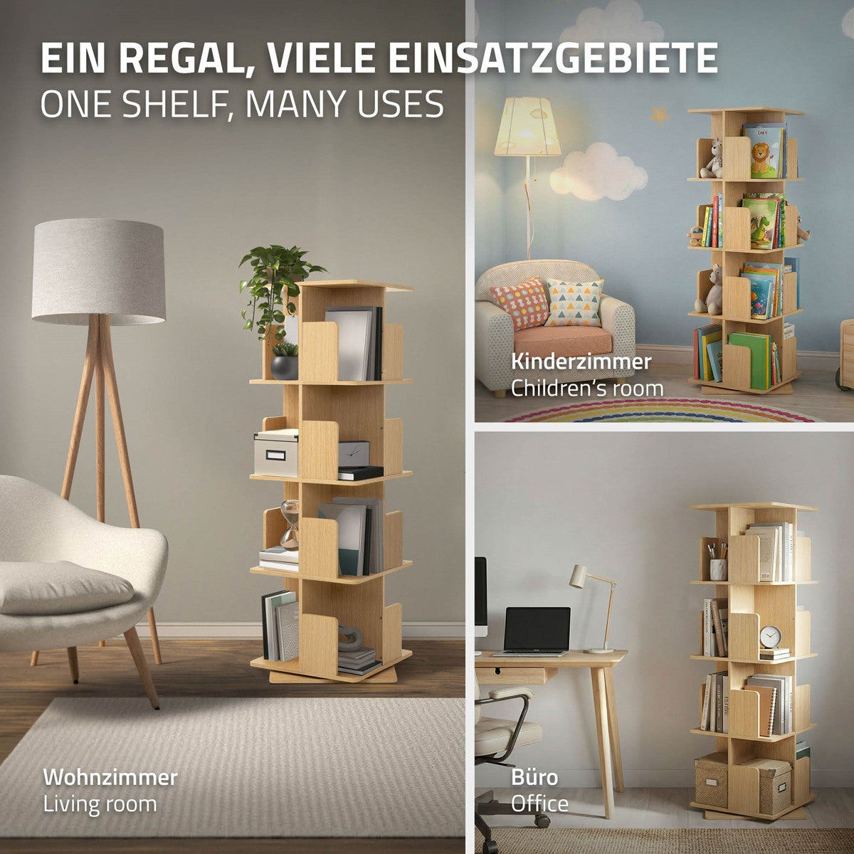 Ein Regal mit mehreren Fächern, gezeigt in verschiedenen Räumen: Kinderzimmer, Wohnzimmer und Büro.