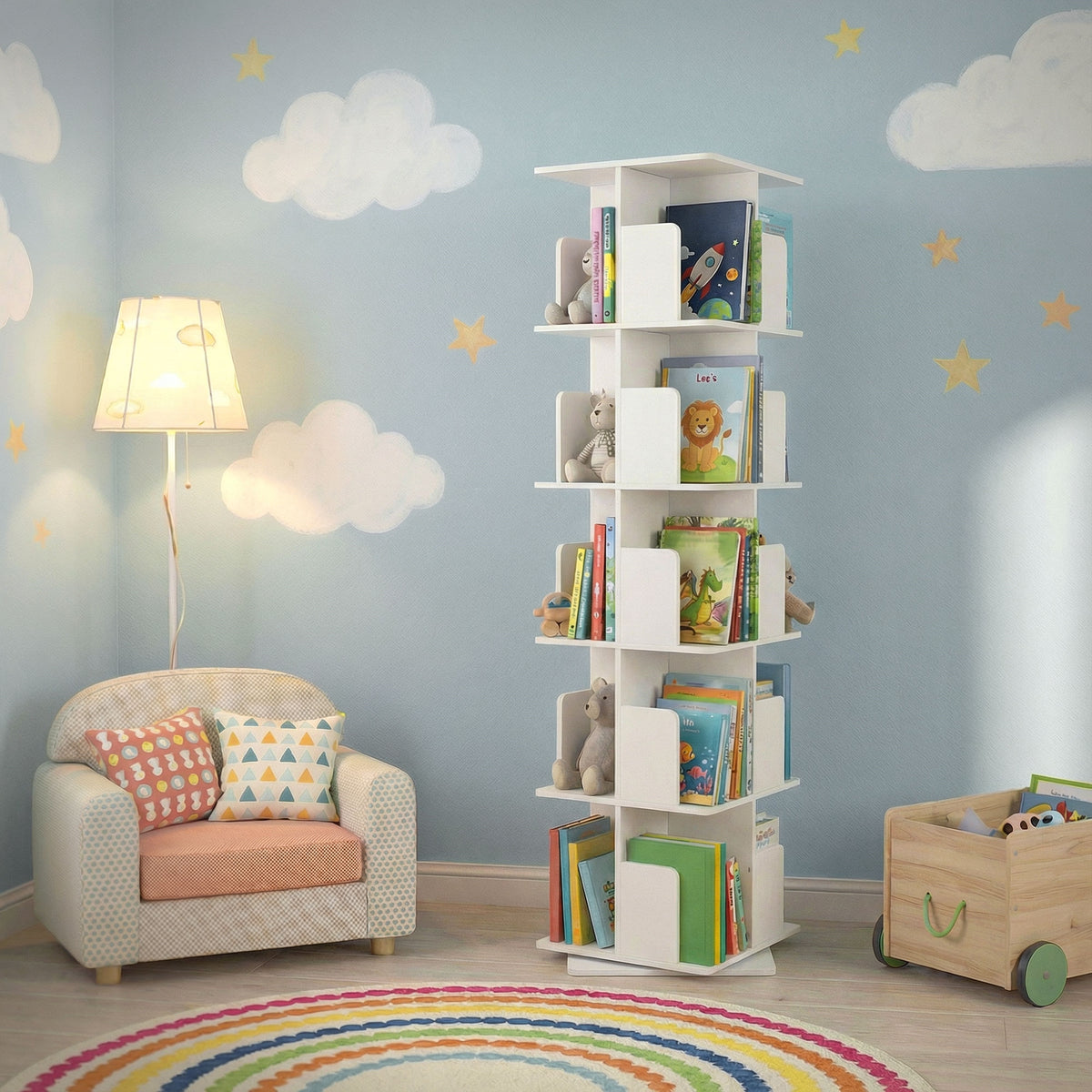 Scaffale in una camera dei bambini con libri, giocattoli e una lampada, decorazione murale colorata.