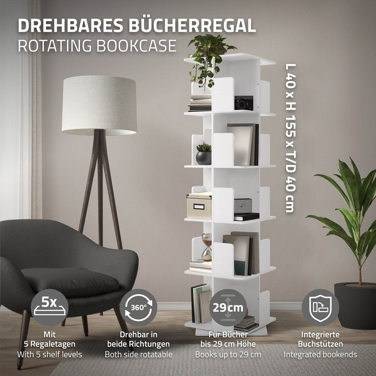 Drehbares Bücherregal mit Maßangaben und integrierten Buchstützen.