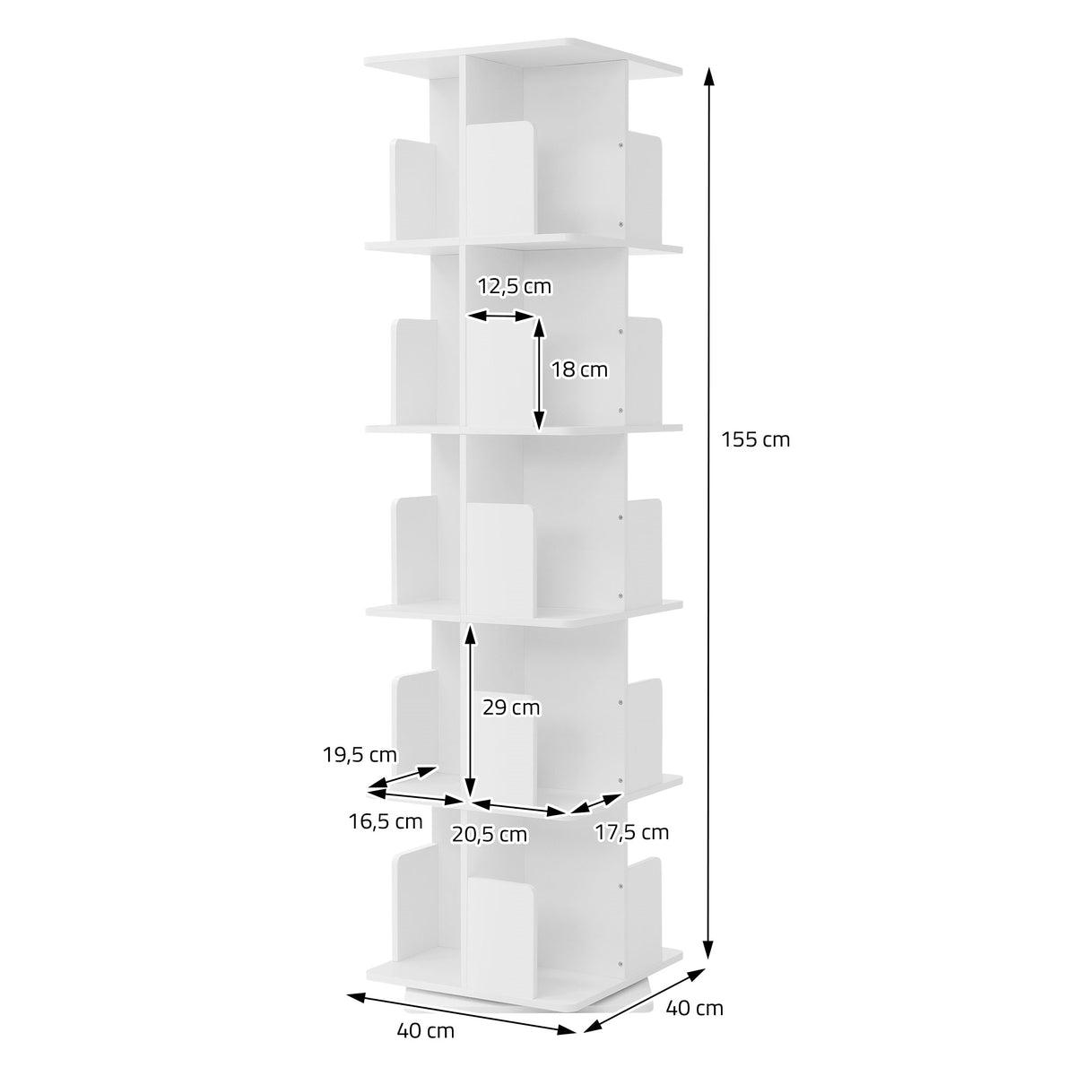 Disegno delle misure di uno scaffale girevole bianco con dimensioni.