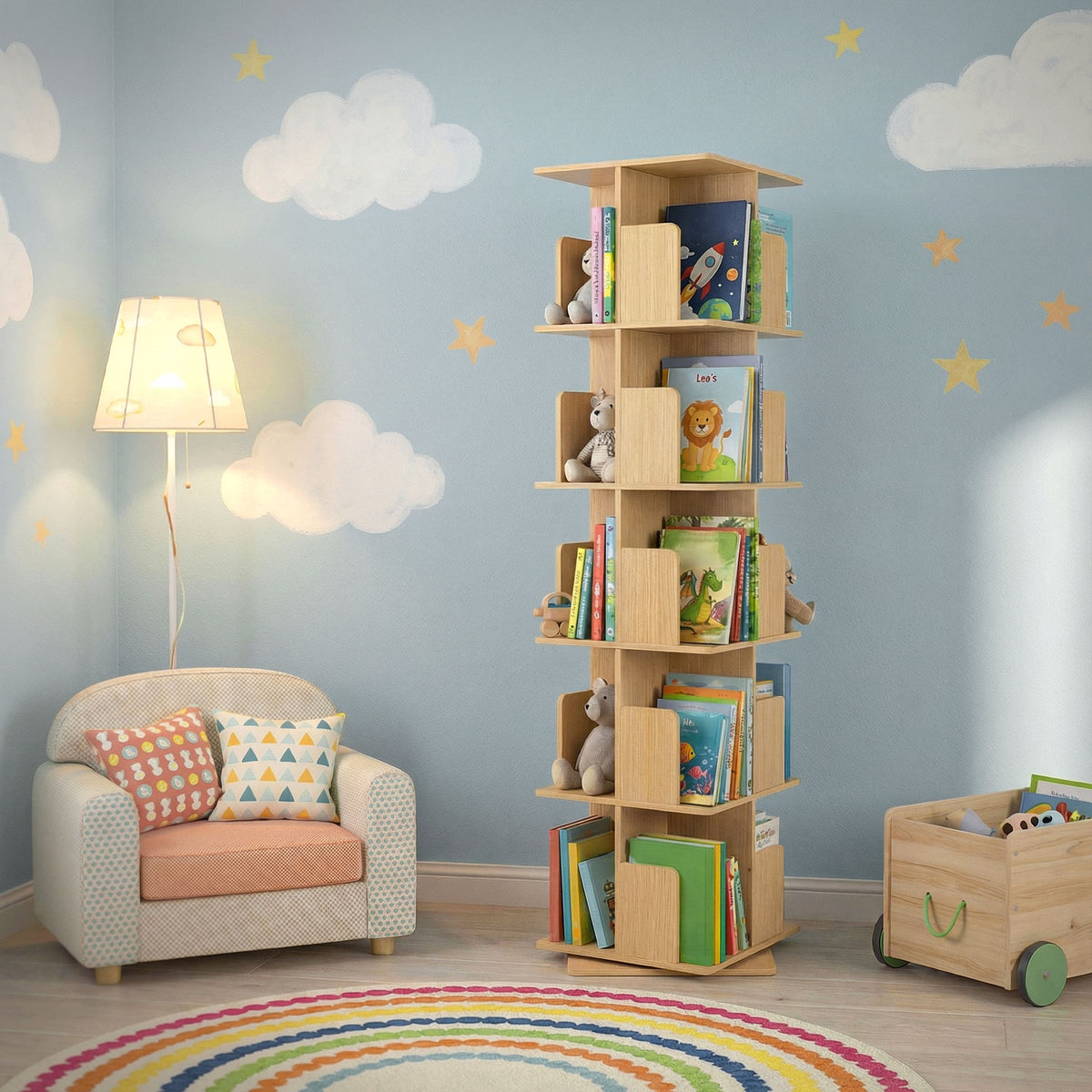 Holzregal in einem Kinderzimmer mit Bücherregalen und Spielzeug.