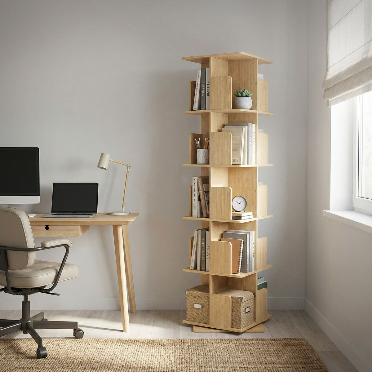 Ein drehbares Bücherregal in einem Raum mit Schreibtisch und Stuhl.