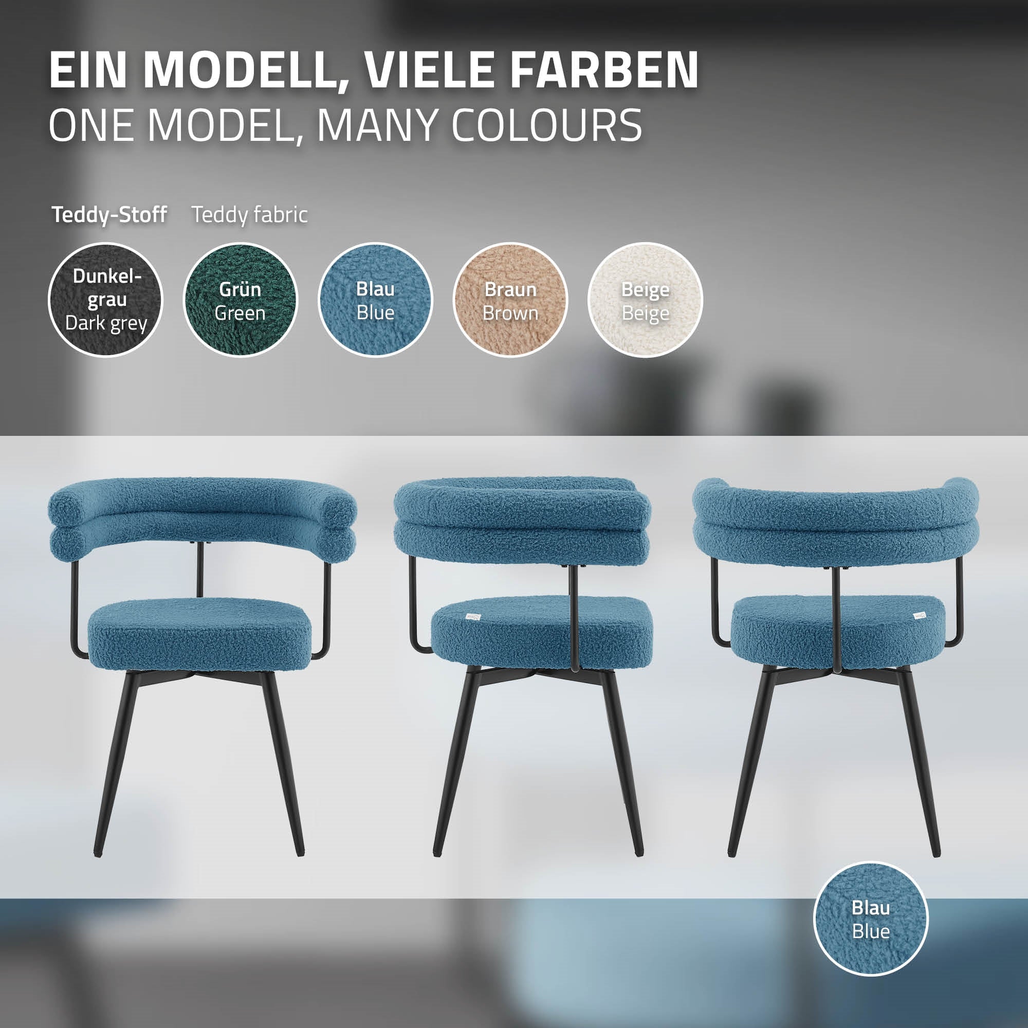 Drei Stühle in verschiedenen Farben: blau, grün und braun auf einem hellen Hintergrund.