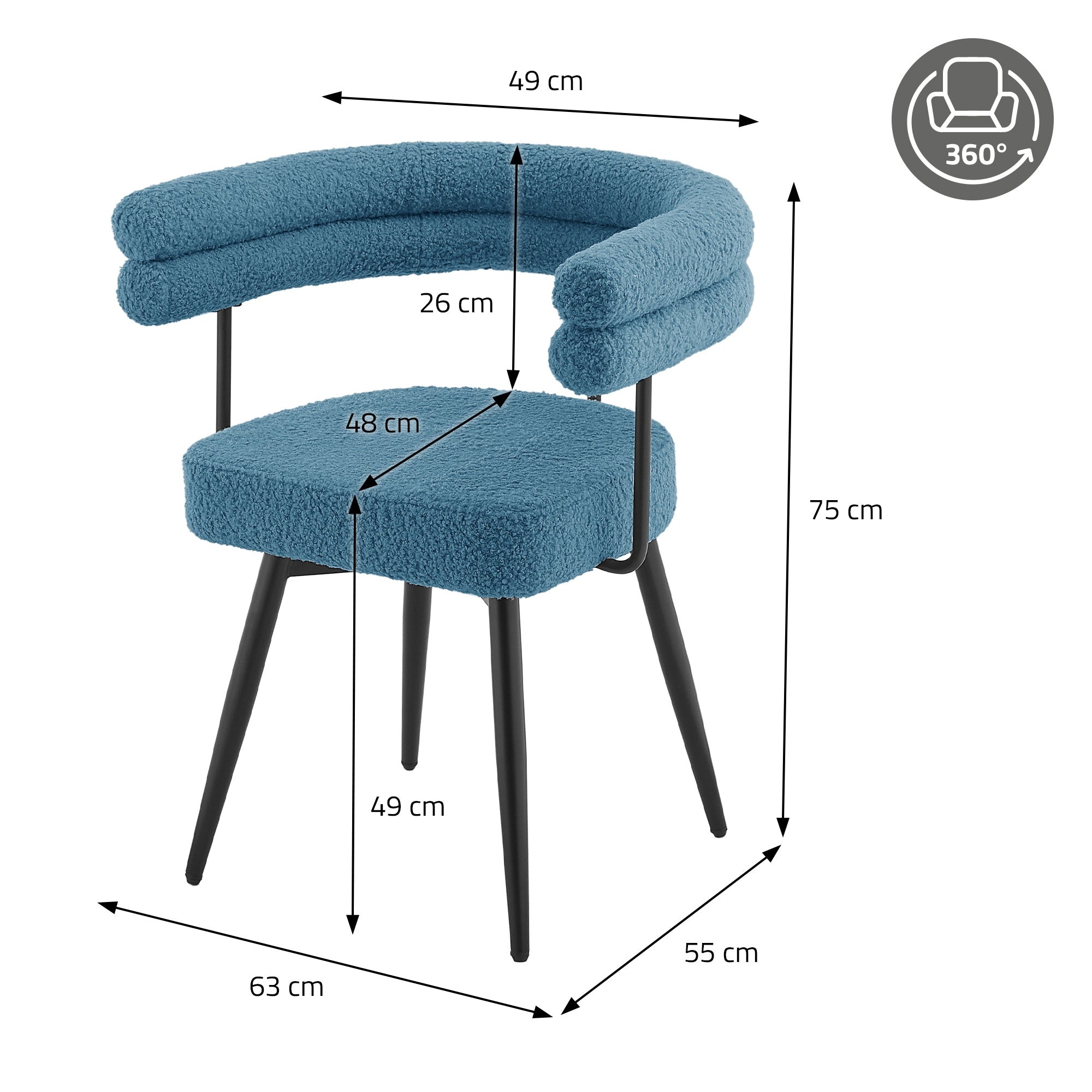 Maßzeichnung eines blauen Stuhls mit Abmessungen in Zentimetern.