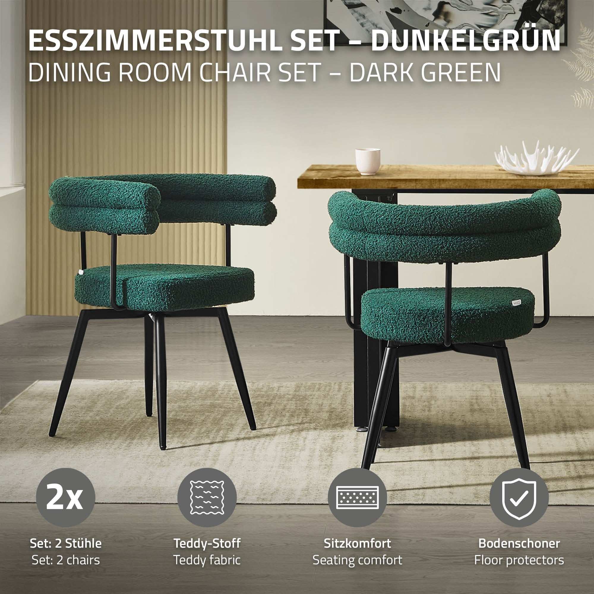 Zwei dunkelgrüne Esszimmerstühle mit runden Rückenlehnen und schwarzen Beinen.