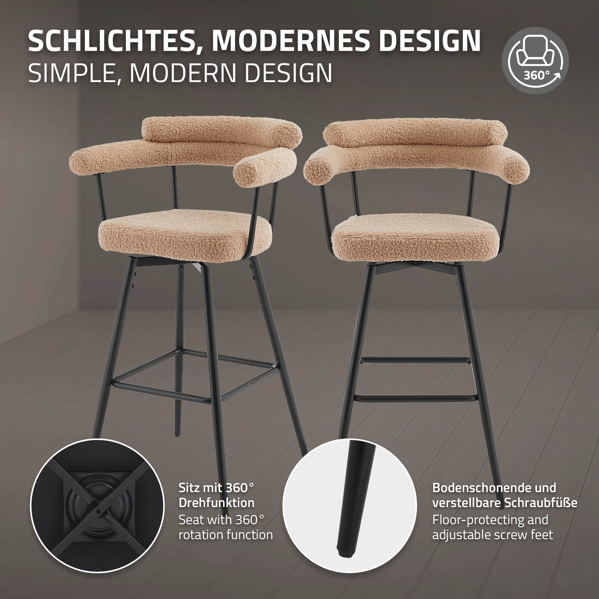 Zwei beige Barhocker mit 360° Drehfunktion und verstellbaren Füßen.