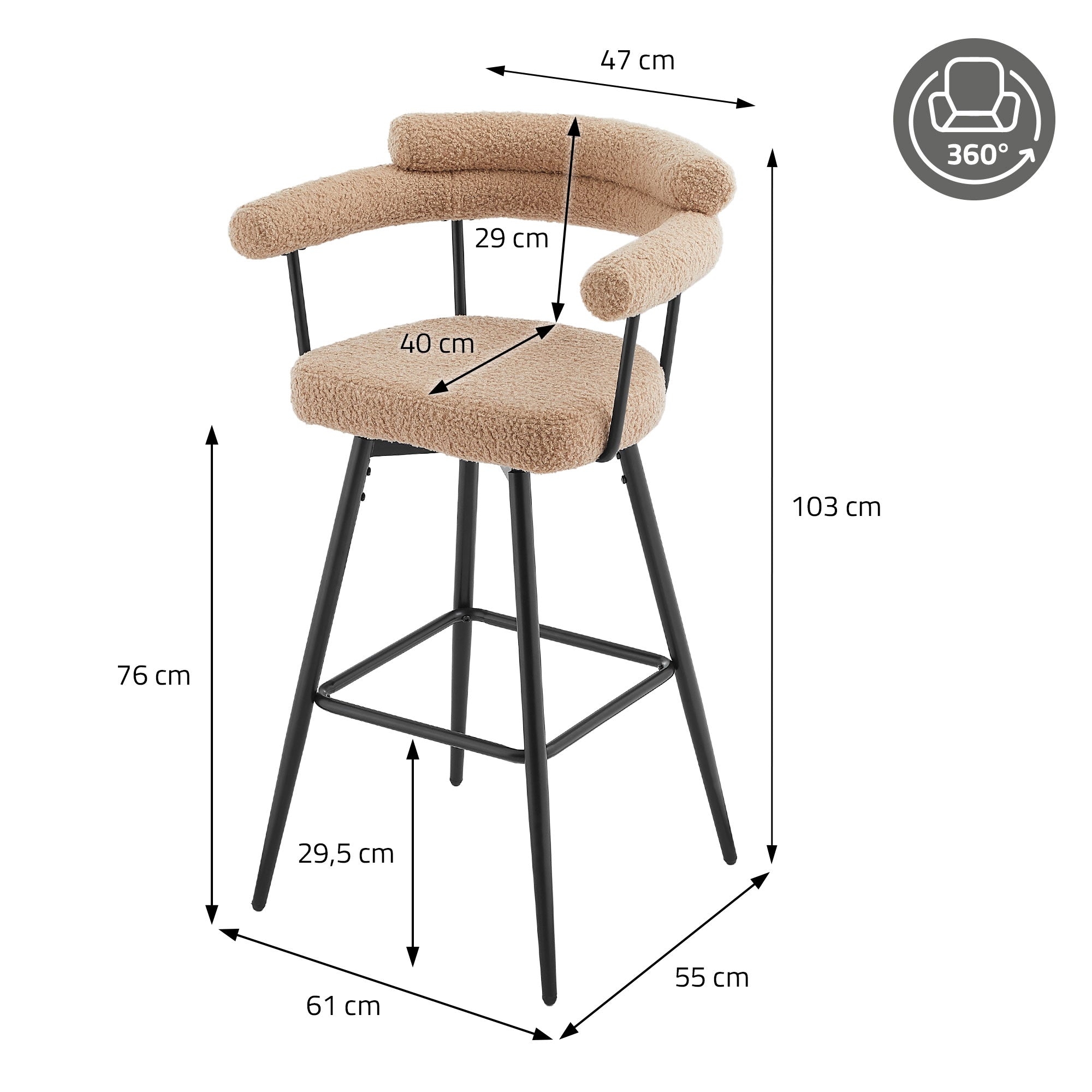 Maßzeichnung für einen Barhocker in Beige, mit Abmessungen in cm.