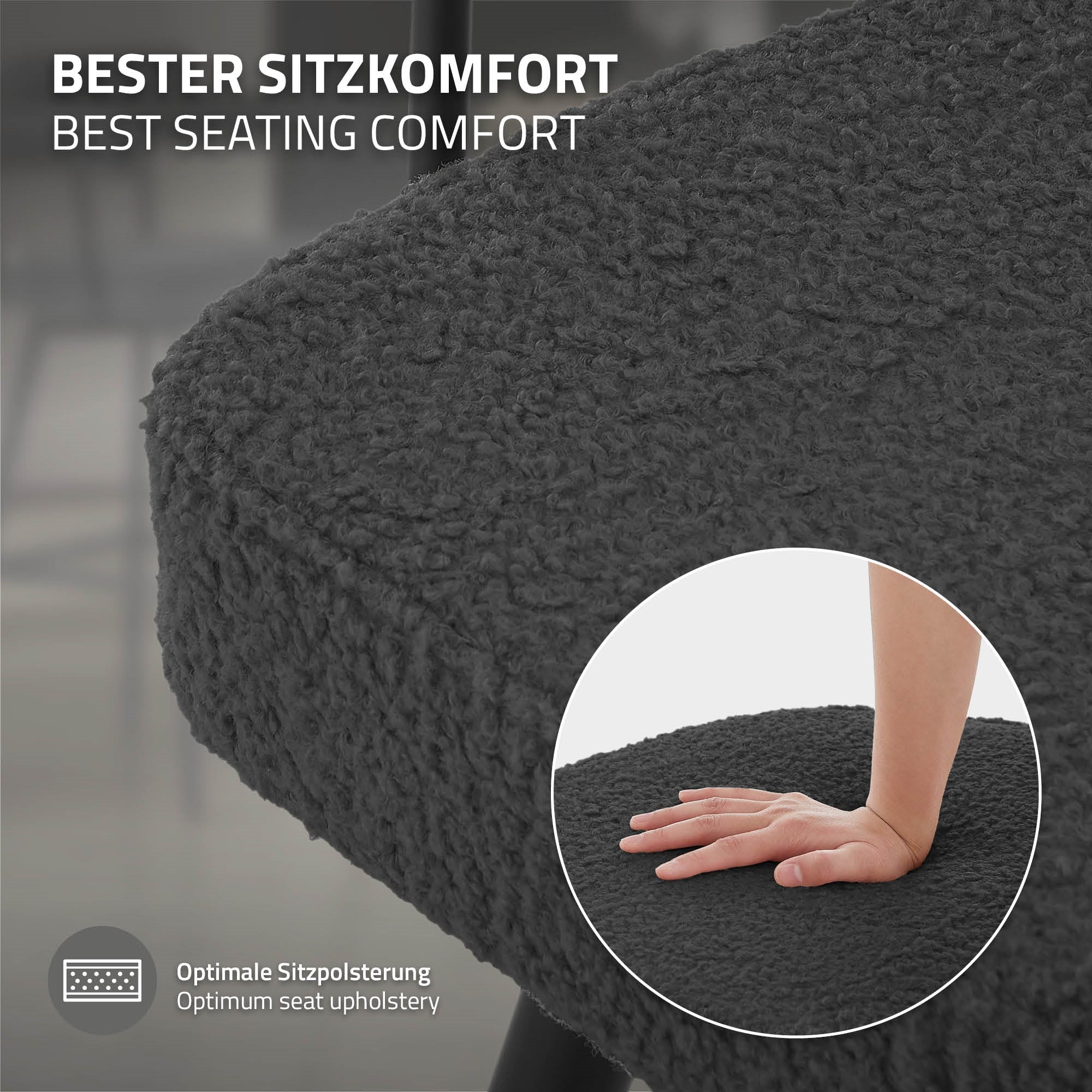 Close-up of a gray, textured seat with a hand on it.