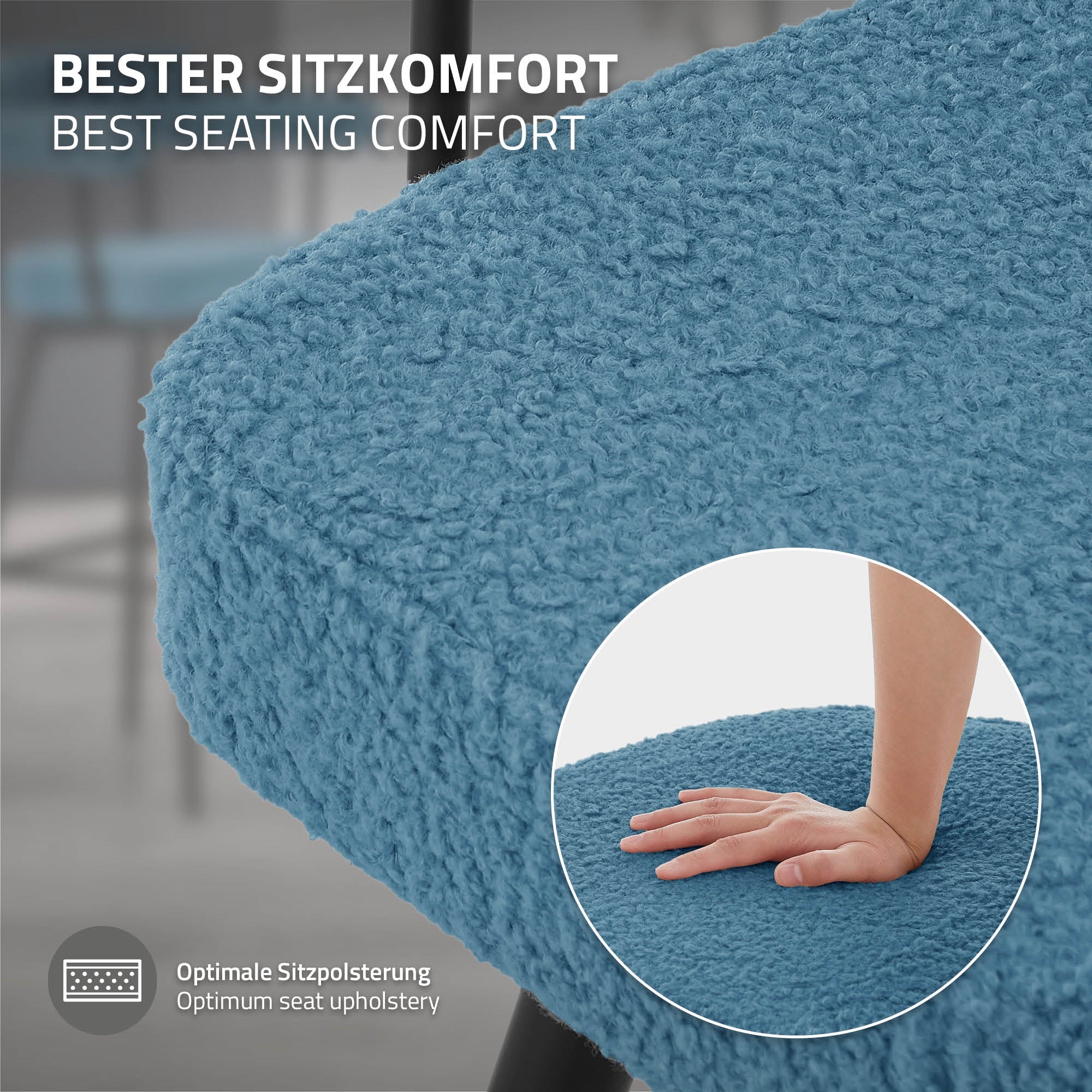 Nahaufnahme einer blauen, texturierten Sitzfläche mit Hand darauf.