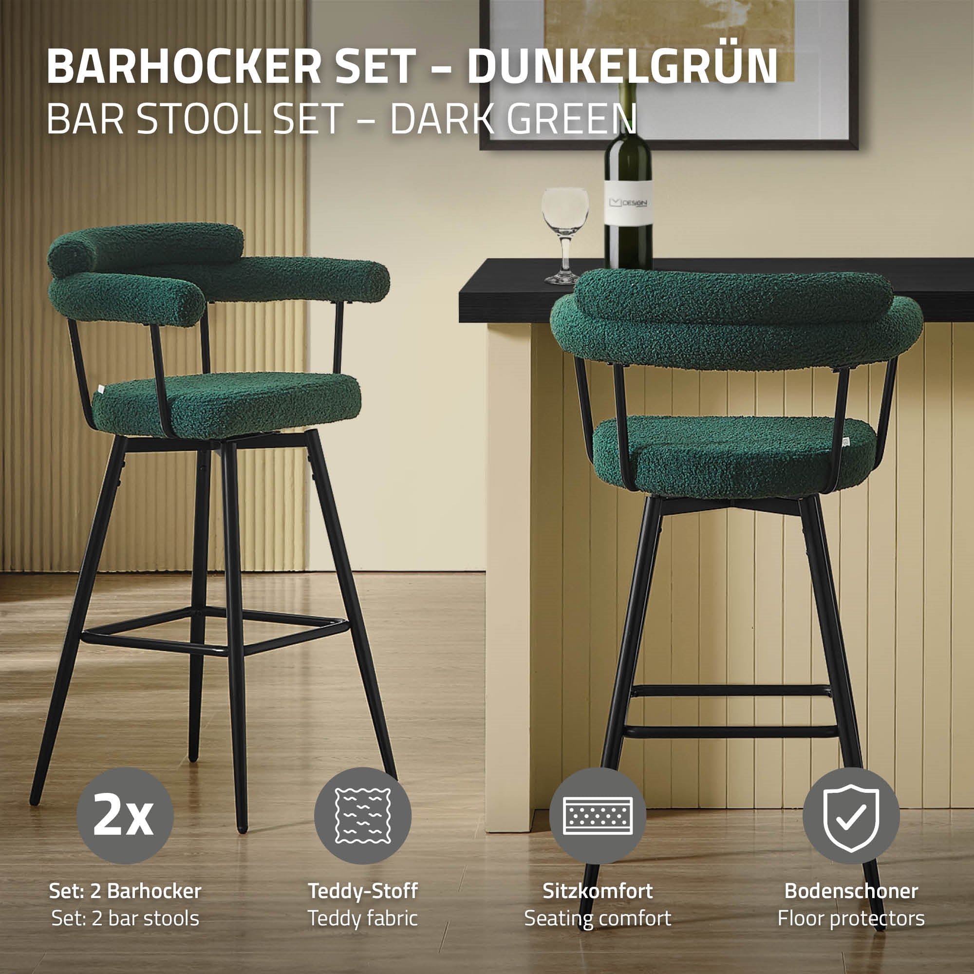 Dunkelgrünes Barhocker-Set mit zwei Hockern vor einer Theke.