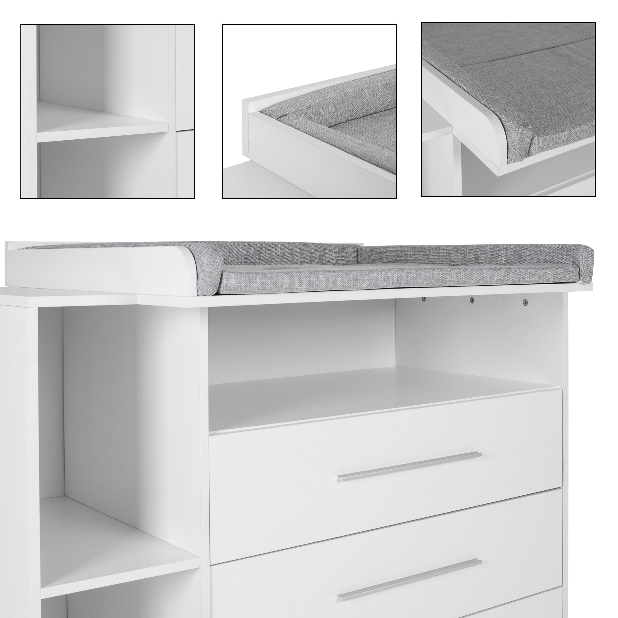 Weißer Schrank mit grauer Auflage und Schubladen.