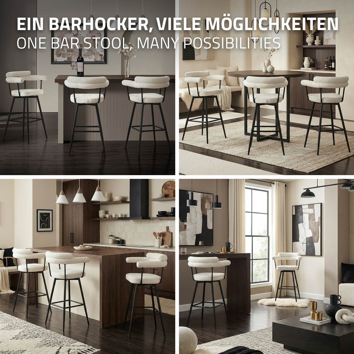 Collage von einem Barhocker in verschiedenen Wohnräumen.