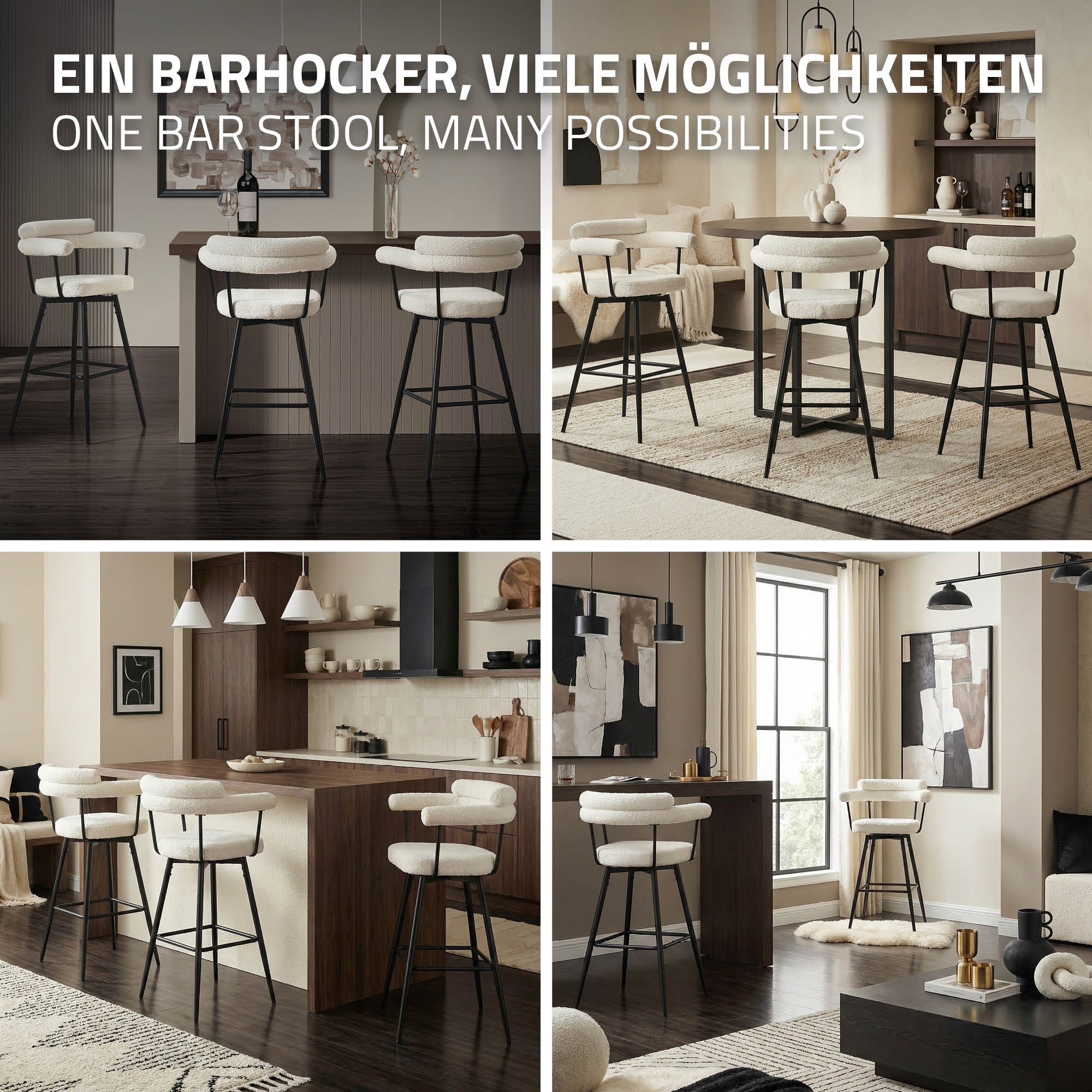 Collage von einem Barhocker in verschiedenen Wohnräumen.