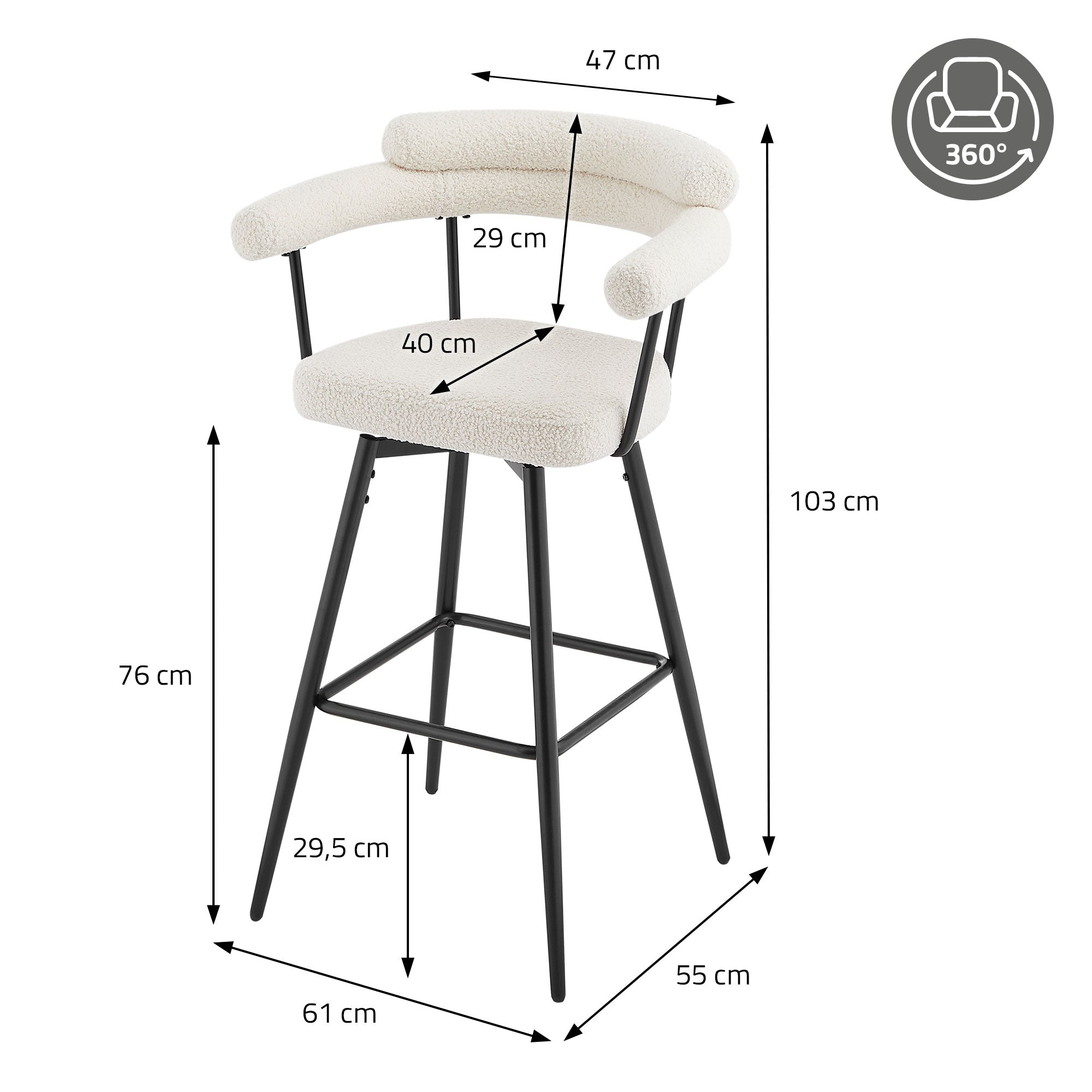 Ein Barhocker mit Maßen und drehbarem Sitz.