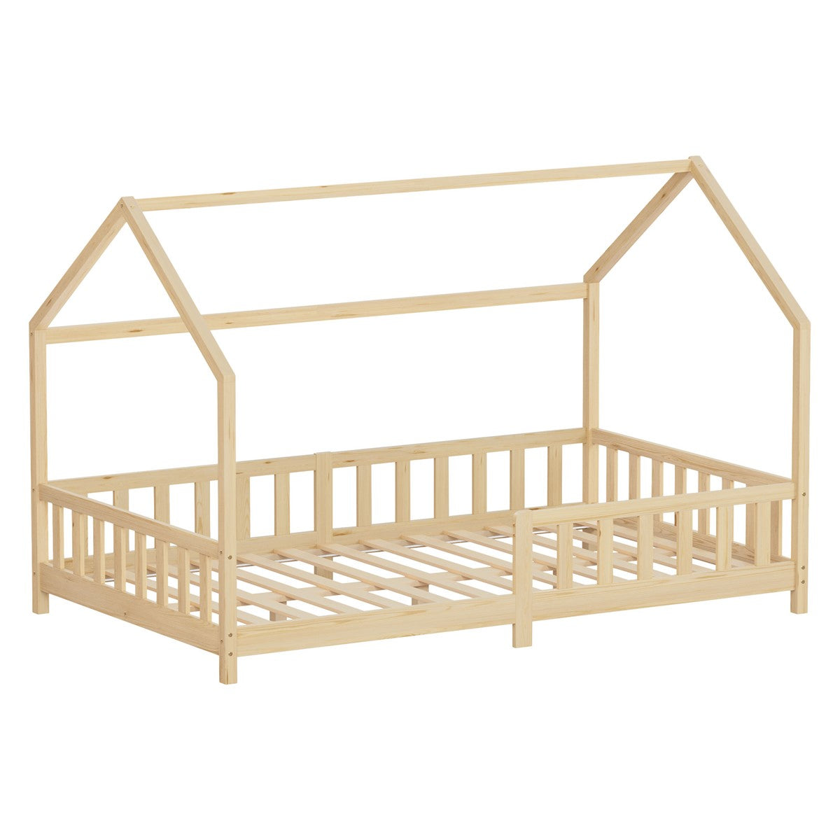 Niedriges Kinderbett aus hellem Holz mit Seitengittern und hausförmigem Rahmen.