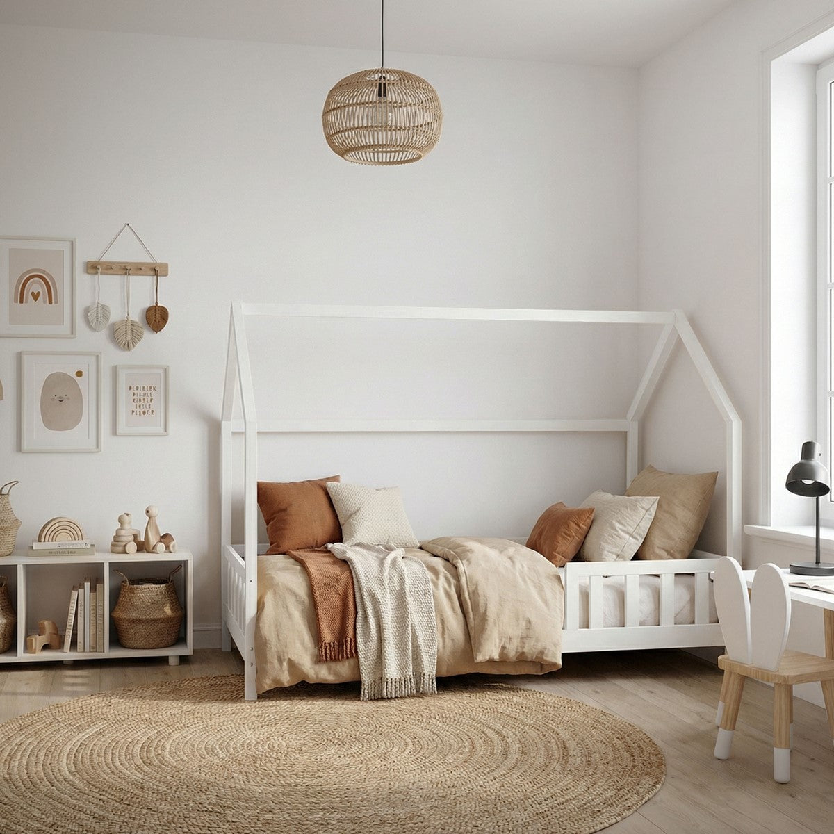 Lyst værelse med en hvid seng formet som et hus, beige-brunt sengetøj, et rundt tæppe og en lille reol.