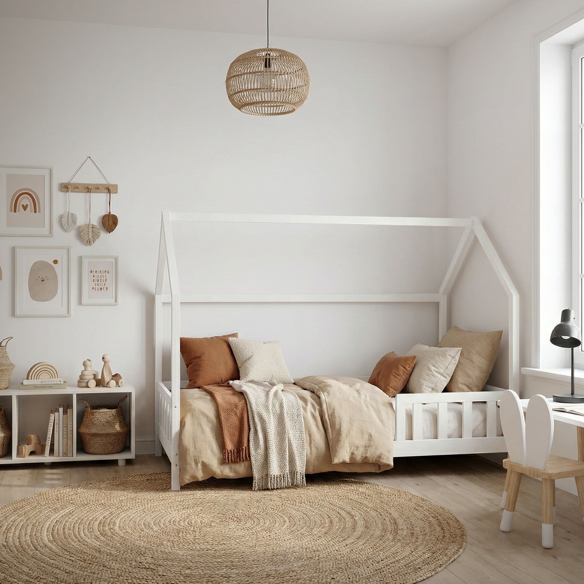 Helles Kinderzimmer mit einem Bett, Kissen und einem runden Teppich.