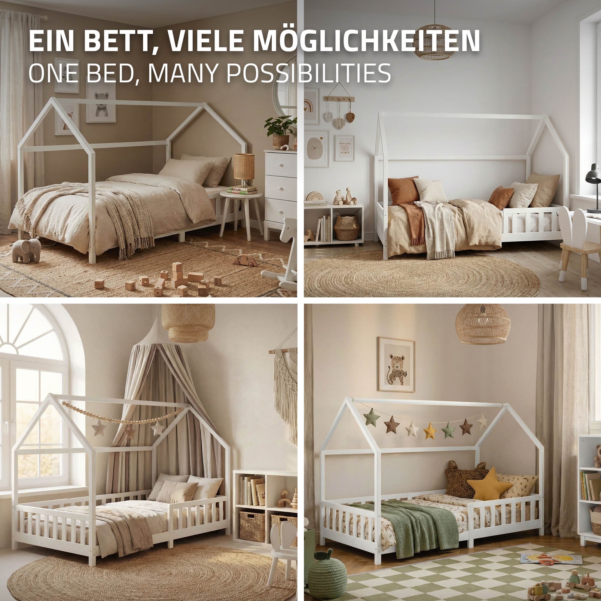Verschiedene Gestaltungsmöglichkeiten für ein Bett mit Dach.