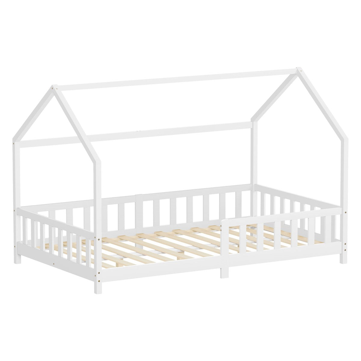 Hvid barneseng med smalle tremmer og åbent design.