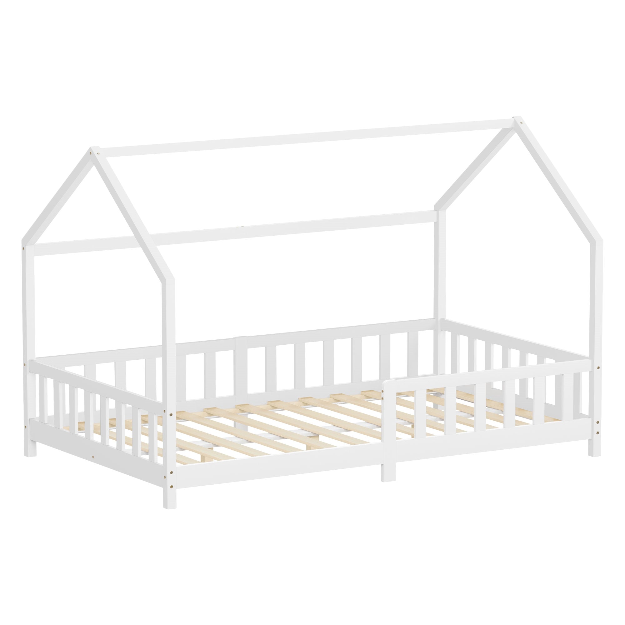 Weißes Kinderbett mit schmalen Latten und offenem Design.