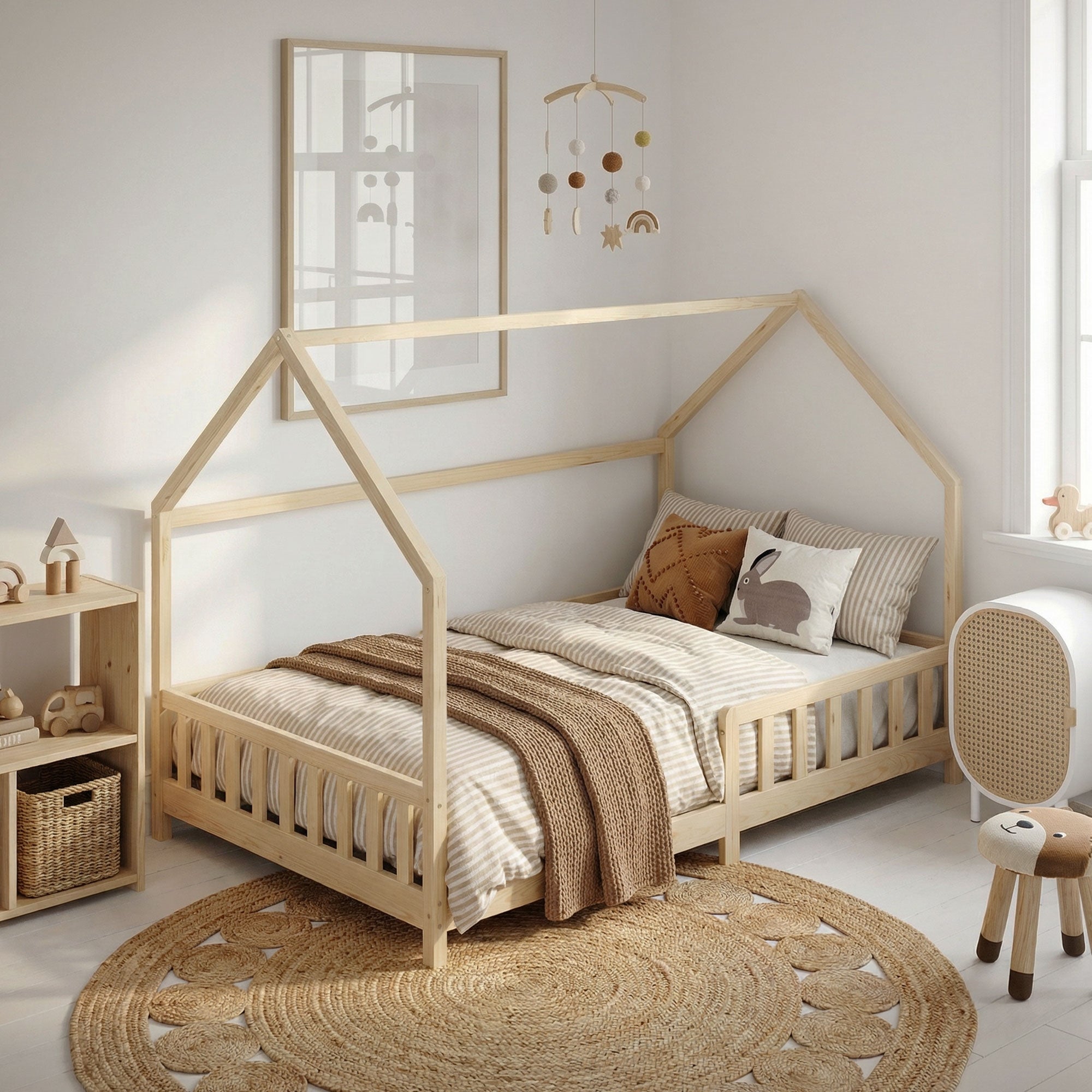 Ein helles Kinderzimmer mit einem Bett in Hausform und einem runden Teppich.