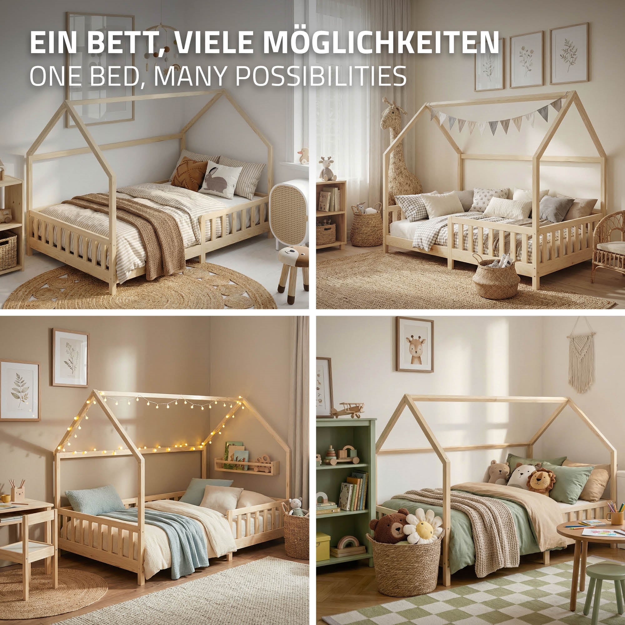 Vier Varianten eines Kinderbetts in verschiedenen Räumen mit unterschiedlichen Dekorationen.