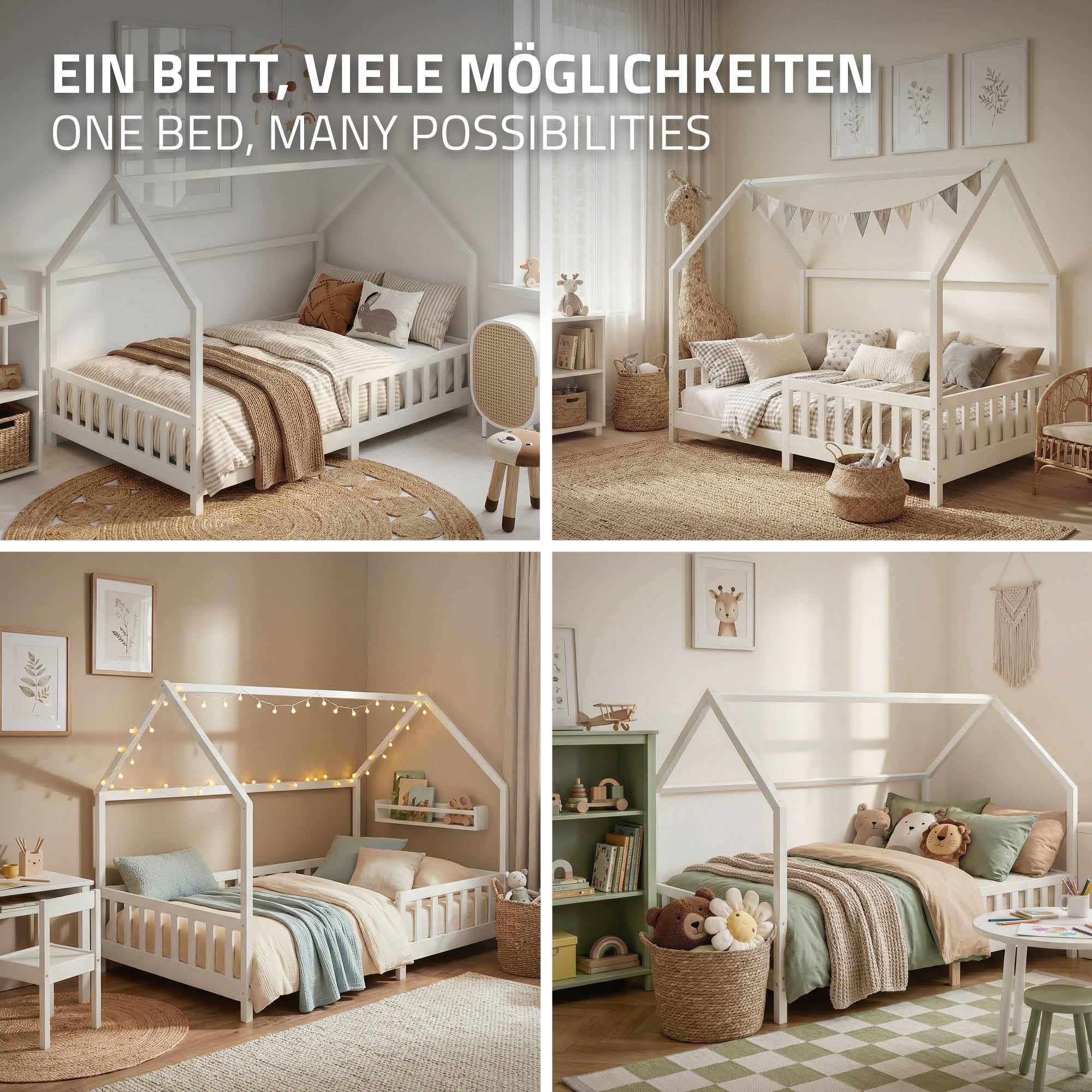 Vier Bilder eines Kinderbettes in verschiedenen Einrichtungsstilen.