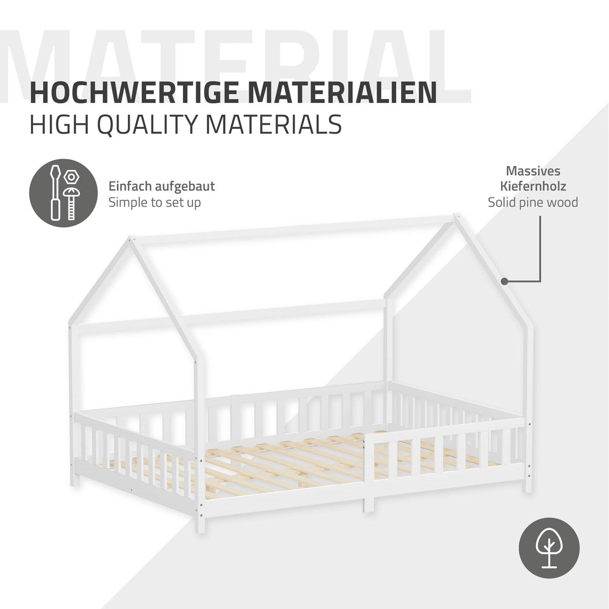 Bett aus massivem Kiefernholz mit Dachkonstruktion und Lattenrost.